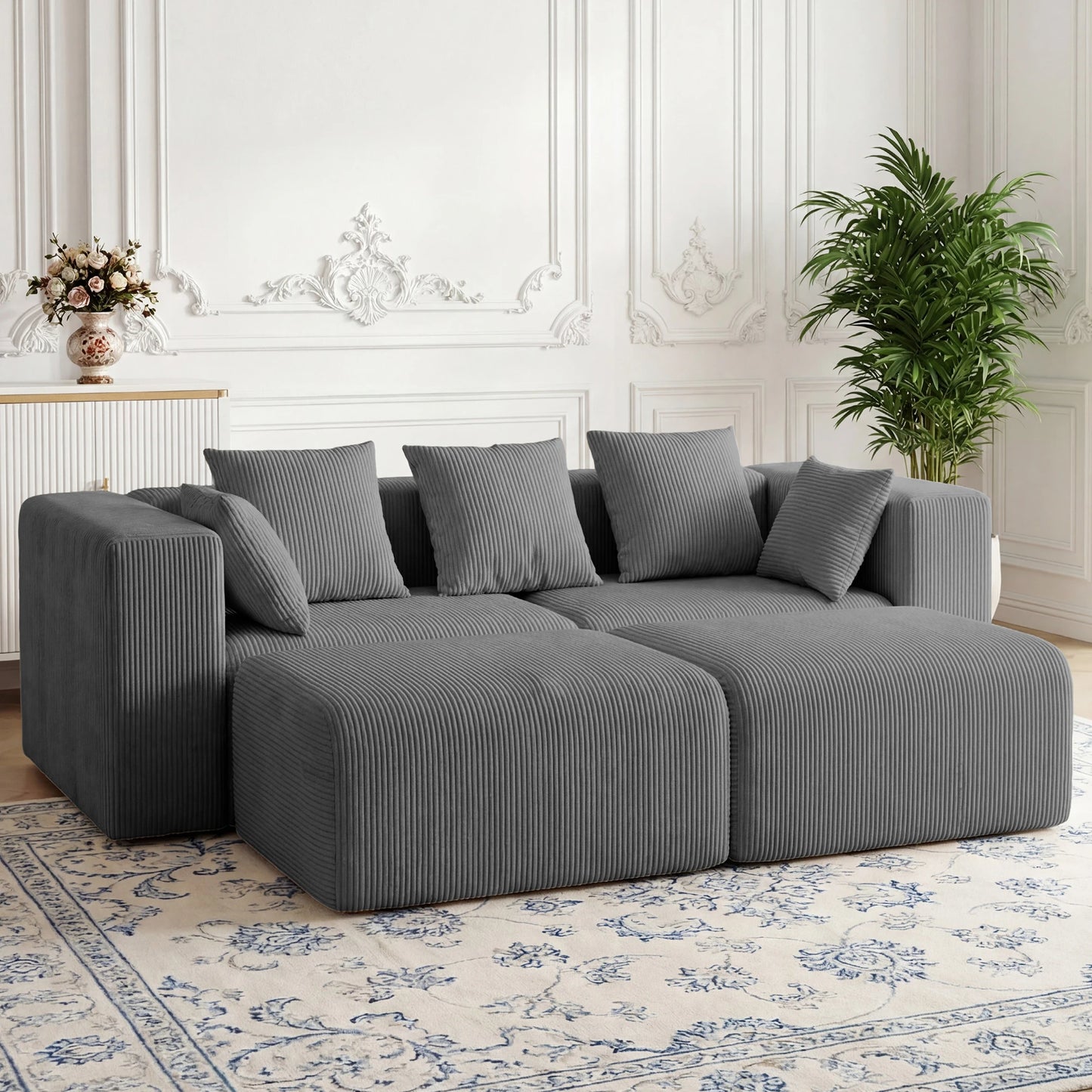 Modern Corduroy Modular Sectional Sofa With Pillows For Living Room