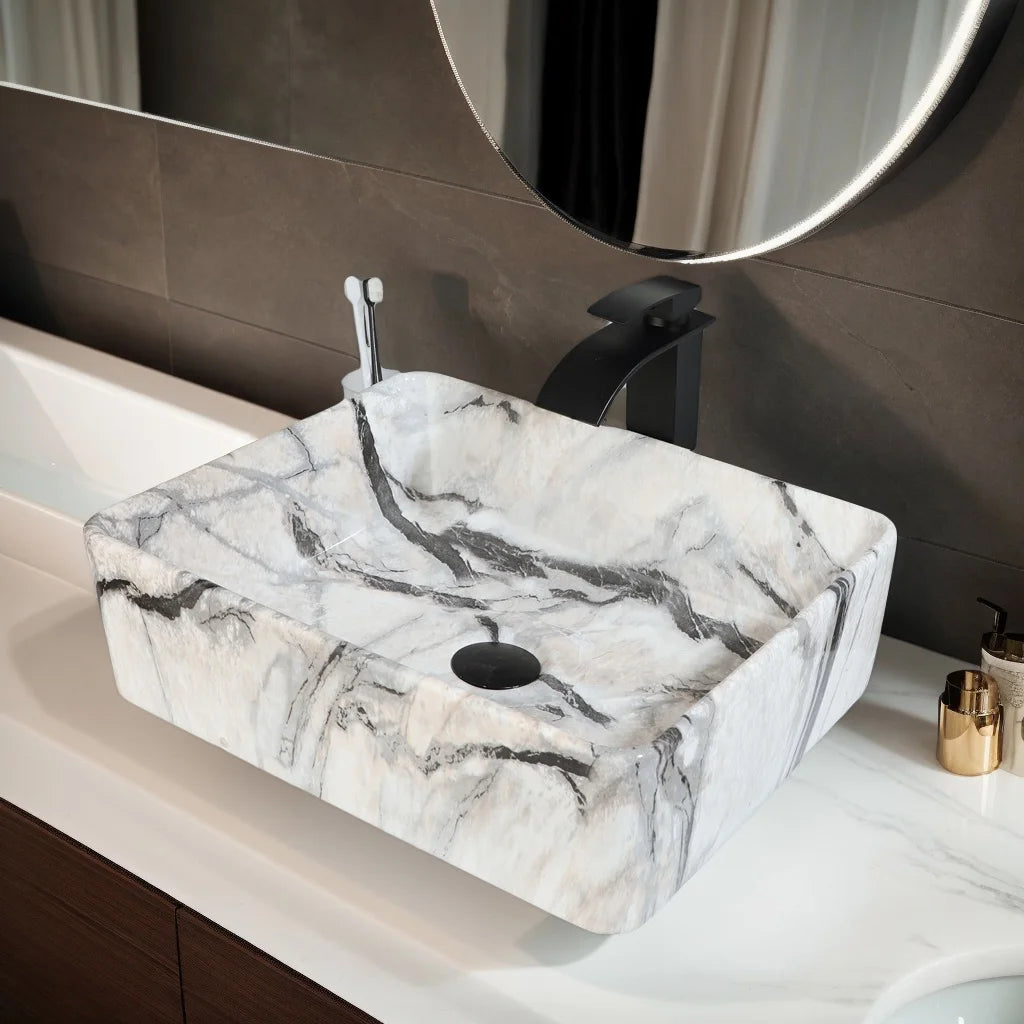 Mekkhala Rectangular Ceramic Vessel Bathroom Sink Set With Drainer