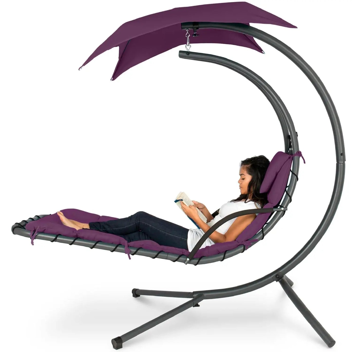 Curved Steel Outdoor Hanging Chaise Lounge Removable Canopy Pillow