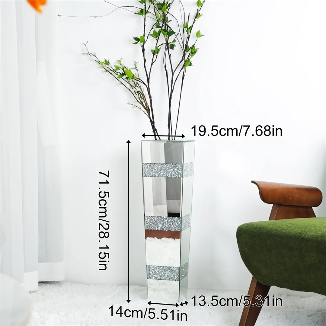 Modern Floor Vase With Crystal Accents And Mirrored Stand