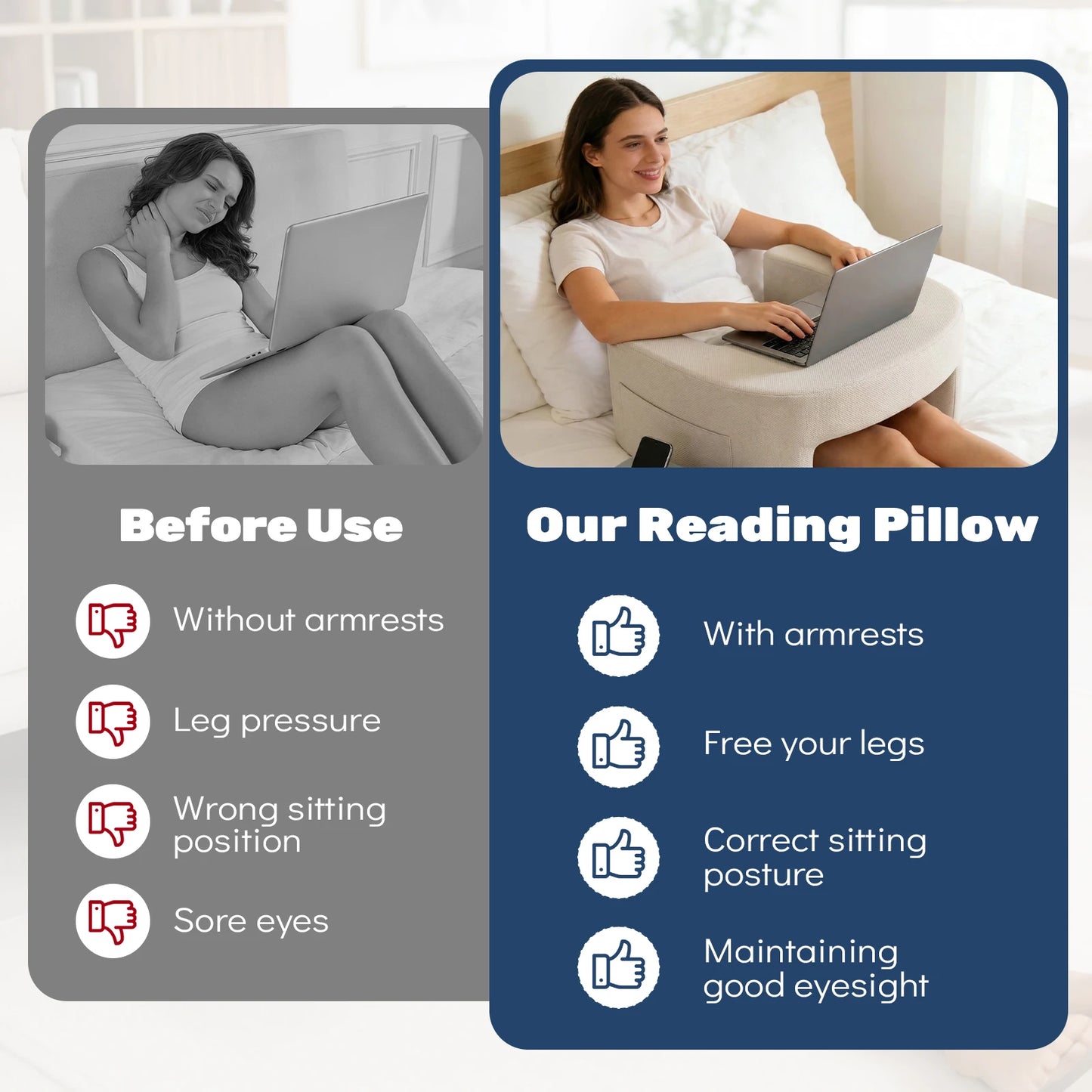 JHK Ergonomic Memory Foam Curved Reading Pillow Removable Washable Cover