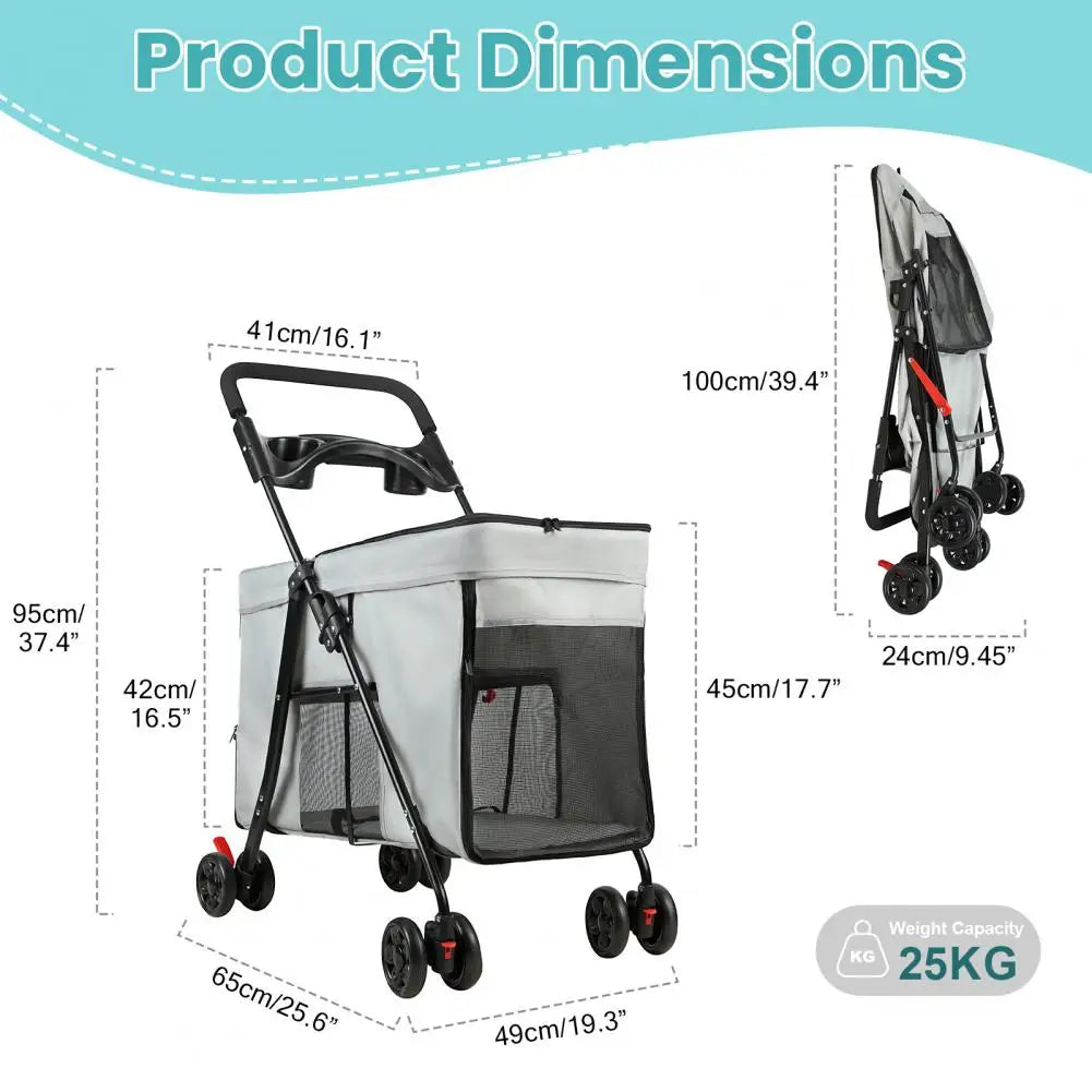 Foldable Pet Stroller With Swivel Wheels And Ventilation Panels