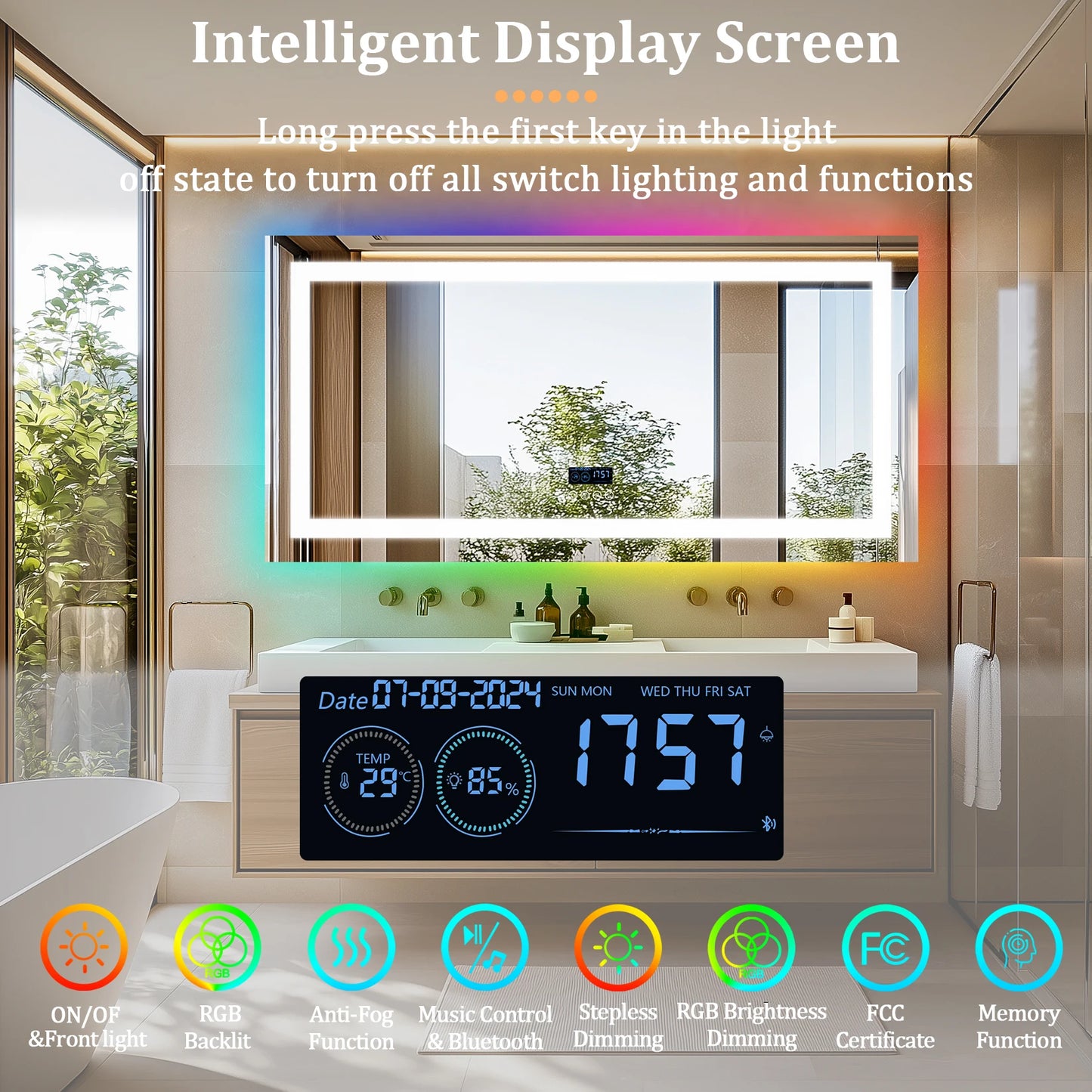 Rectangular LED Bathroom Mirror With Front Lit RGB Backlight Antifog
