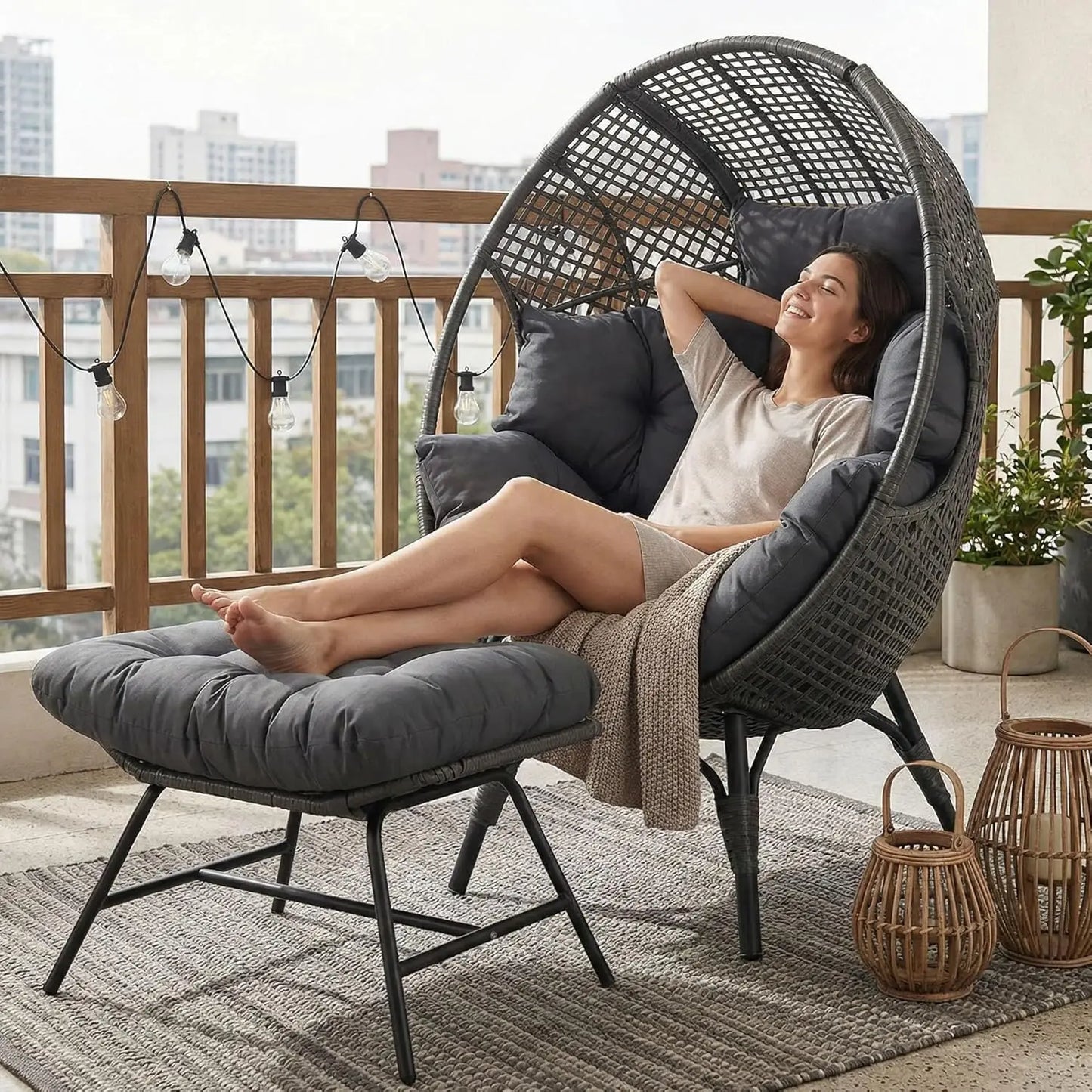 Egg Chair With Ottoman Indoor Outdoor Wicker Patio Lounge