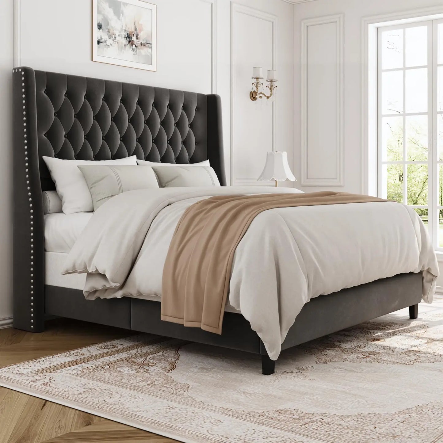 Upholstered Platform Bed Frame With Button Tufted Headboard