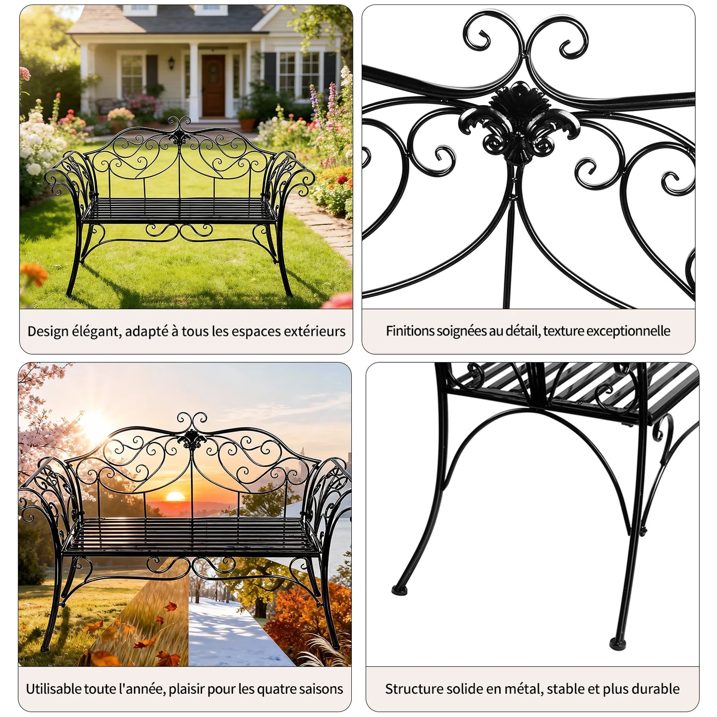 Decorative Wrought Iron Two Seater Outdoor Garden Bench For Patio
