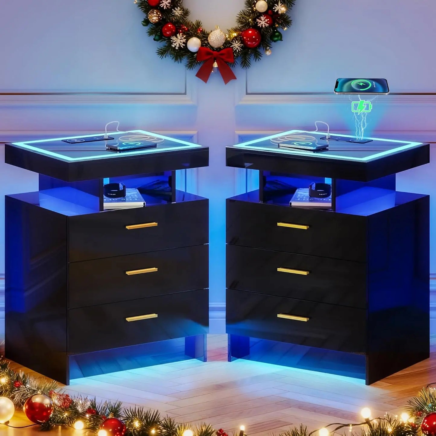 Wireless Charging Nightstand With Auto Sensor LED End Table