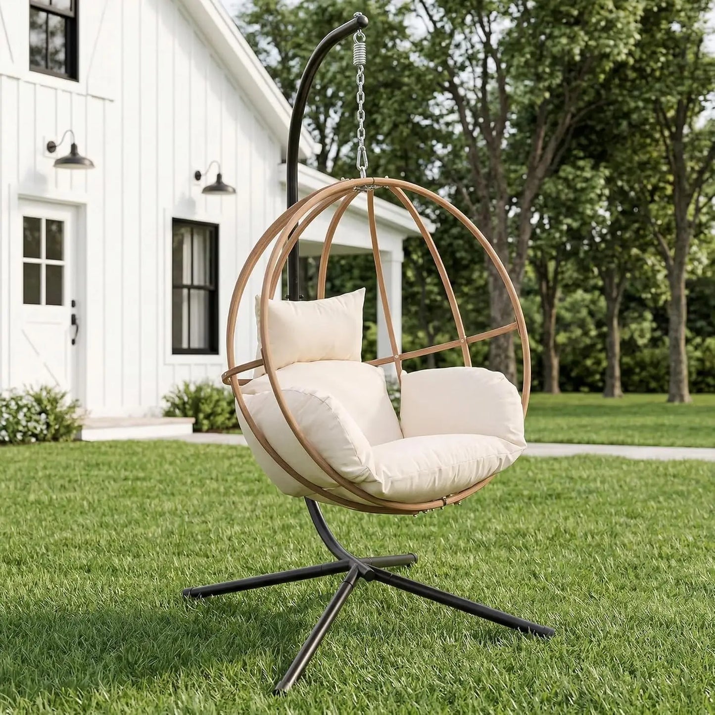 Double Egg Hanging Swing Chair With Stand Cushions Headrest