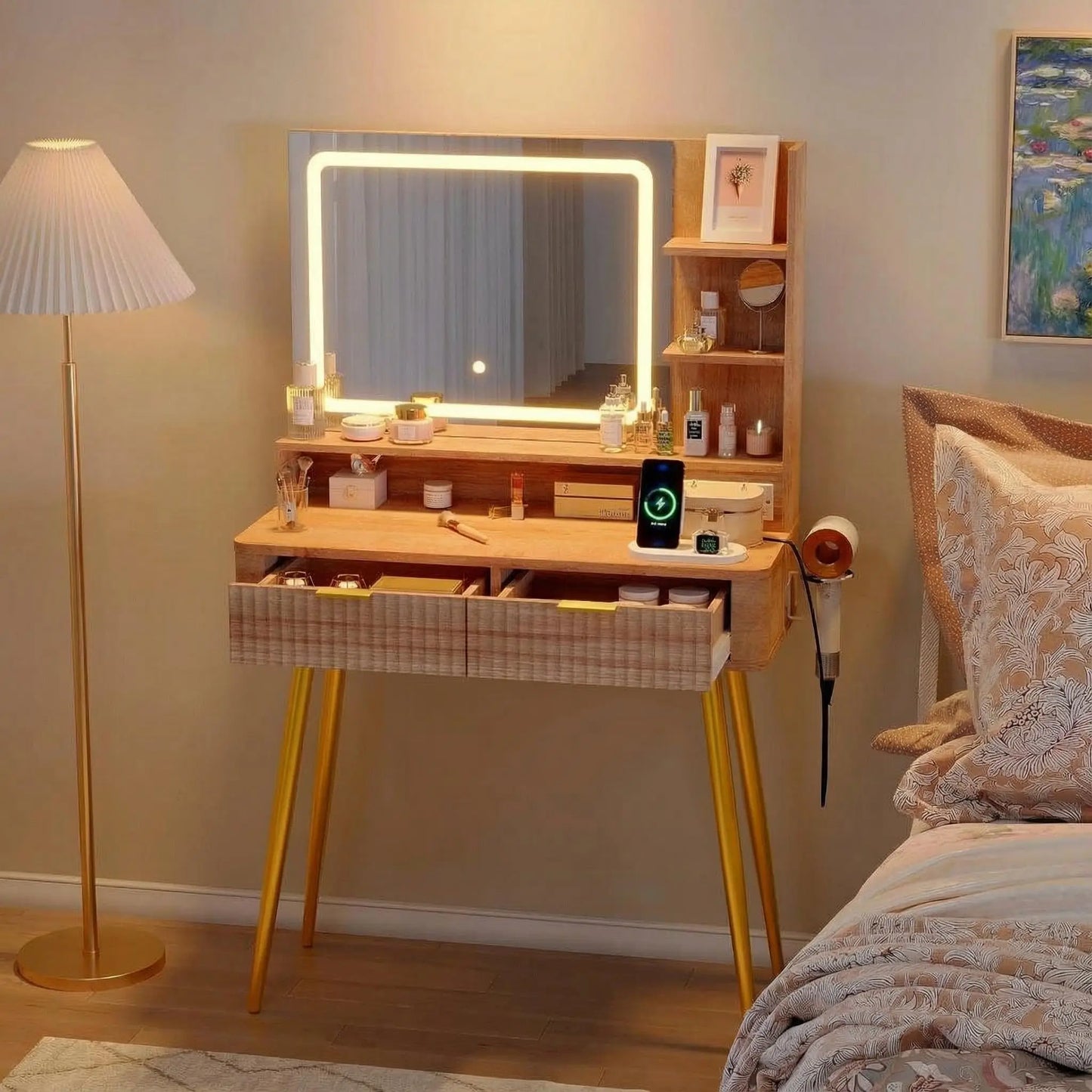 HiMISS Wooden Led Vanity Table With Lighted Mirror And Storage