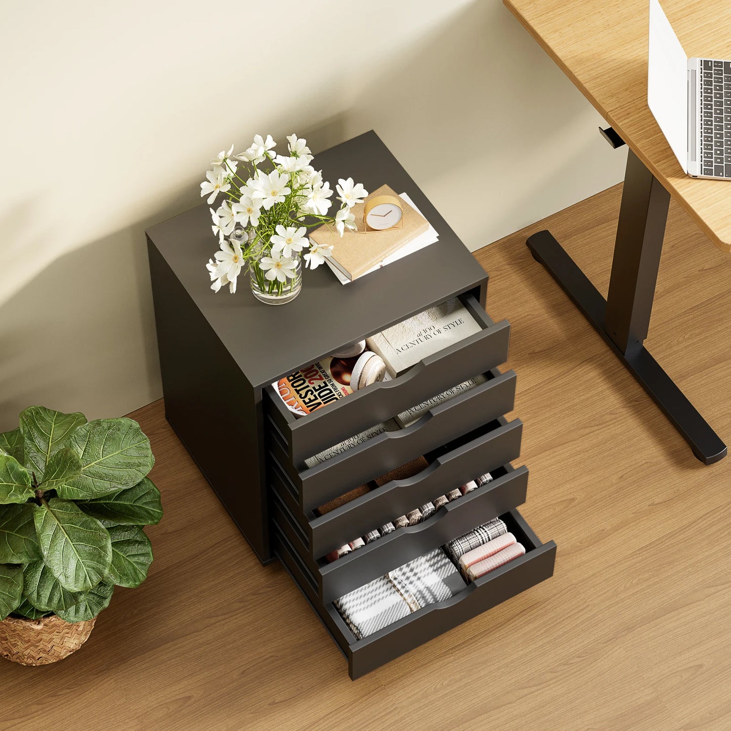 JHK Wood Living Room Cabinet With Five Drawer Organizer