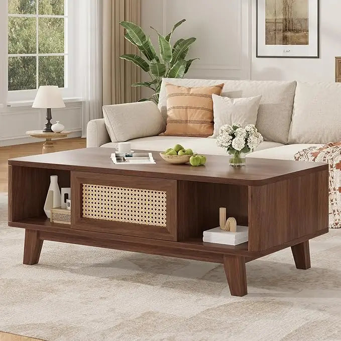Farini Mid Century Modern Coffee Table With Rattan Drawer