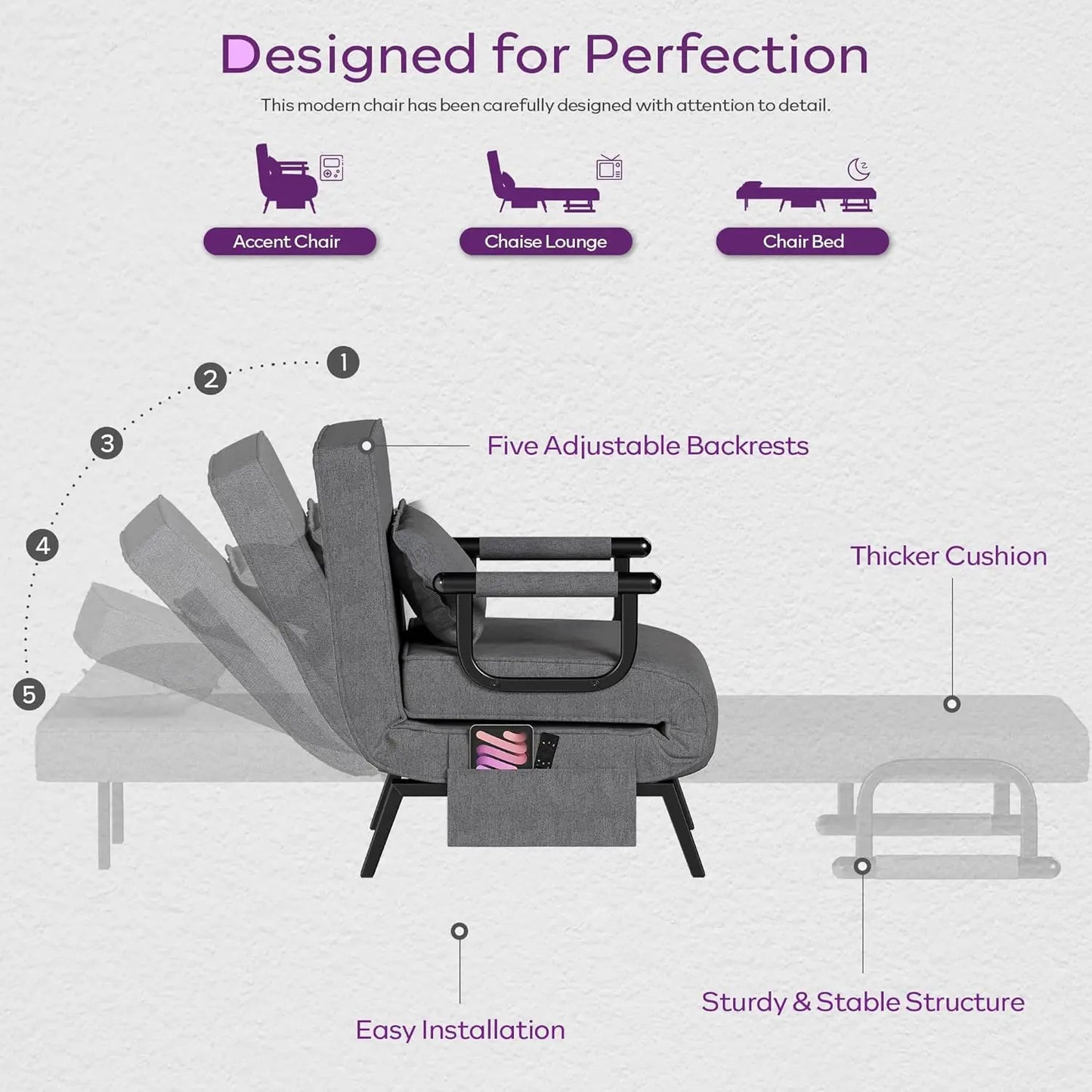 Convertible Sleeper Chair Bed With Adjustable Backrest And Pockets