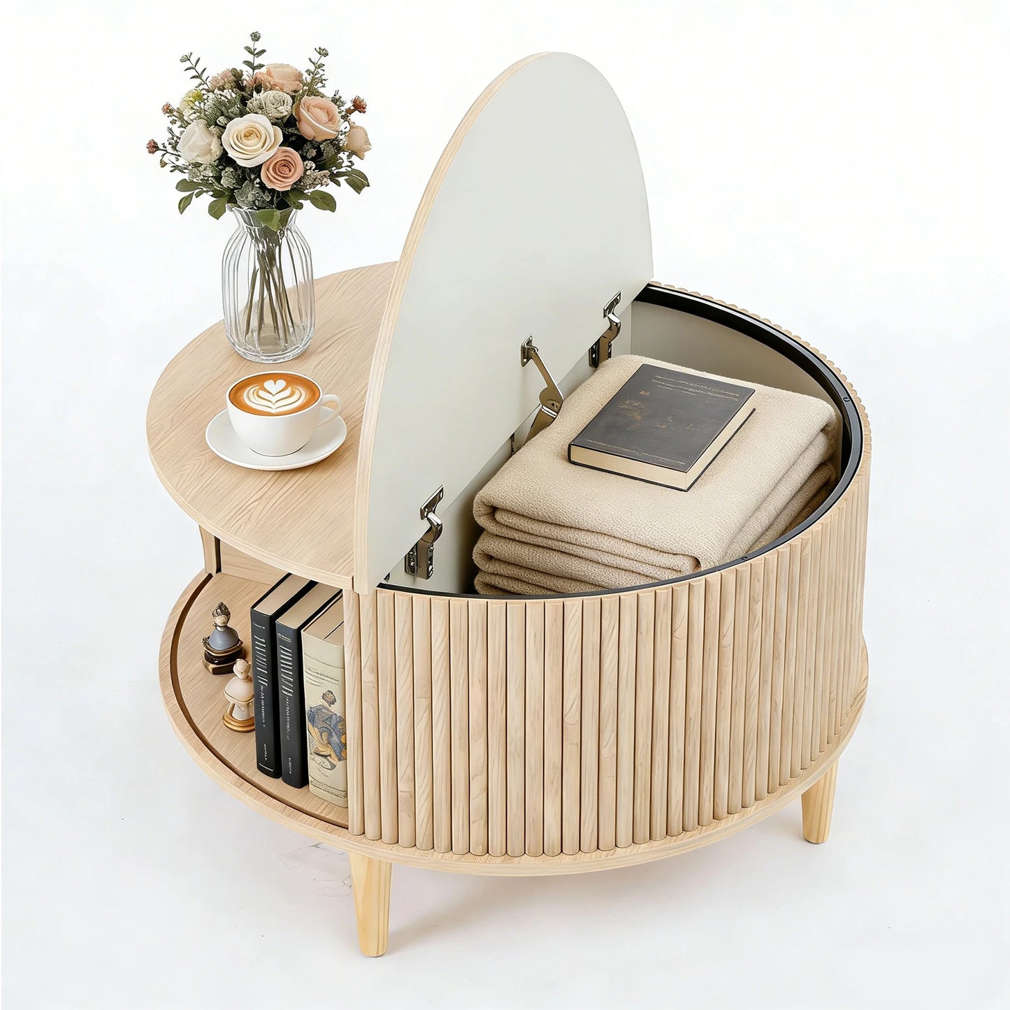 JHK Round Coffee Table With FlipTop Storage And Cabinet