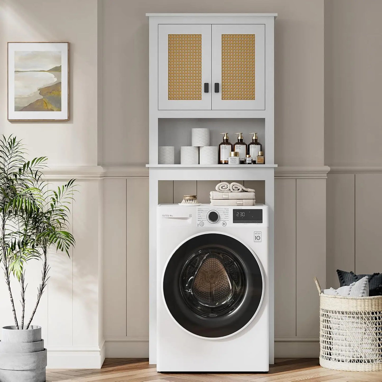 Farmhouse Over Toilet Storage Cabinet With Natural Rattan Doors Adjustable Shelf