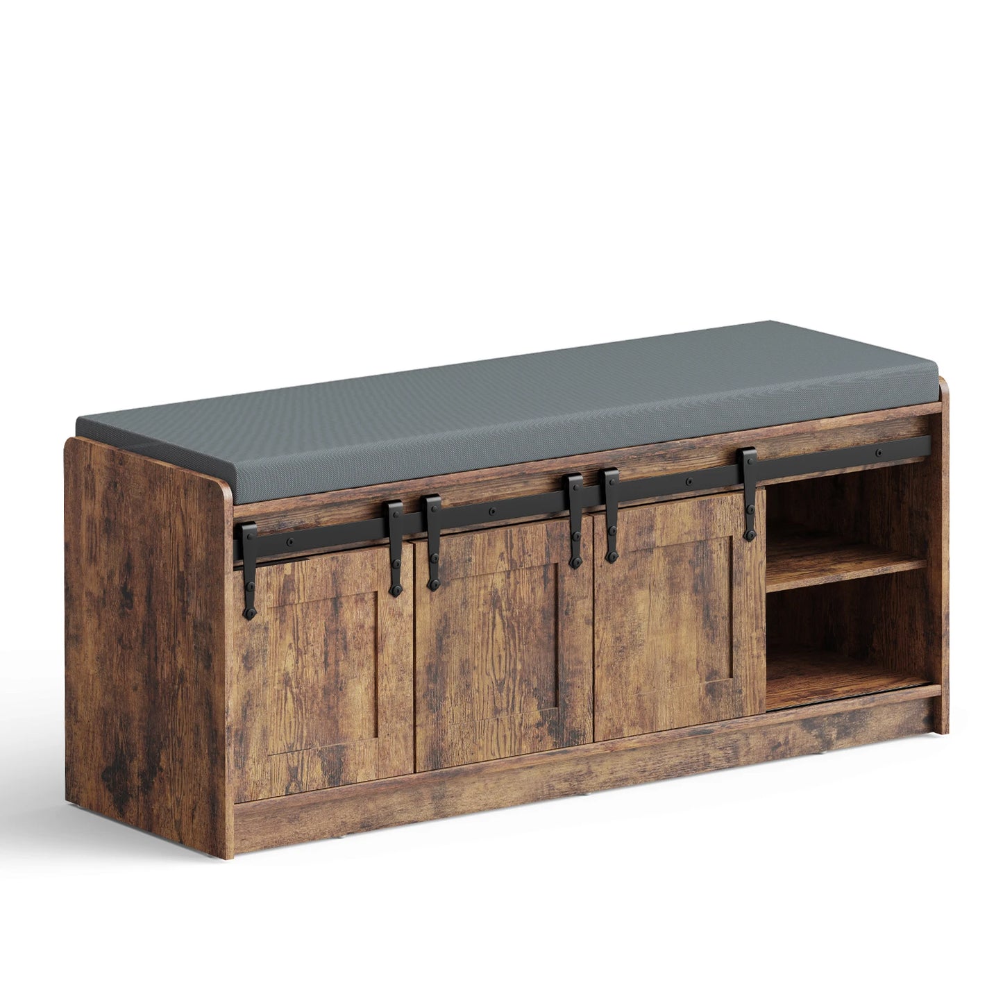 TinyNest Farmhouse Shoe Bench With Padded Seat And Sliding Doors