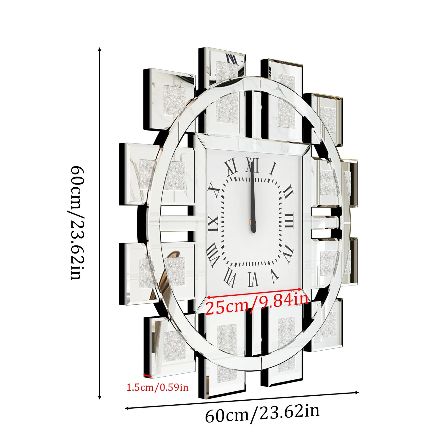 Irregular Diamond Mirrored Wall Clock Quartz With Roman Numerals