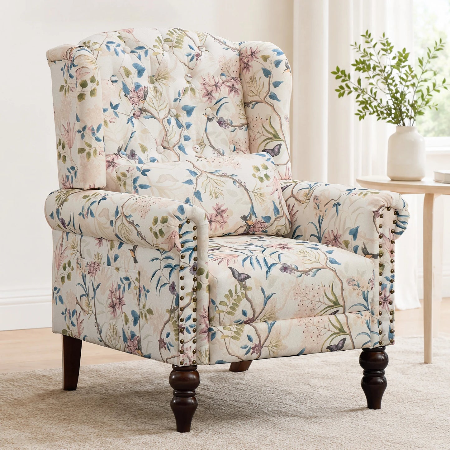 TCGBKAF Mid Century Modern Floral Fabric Wingback Accent Chair