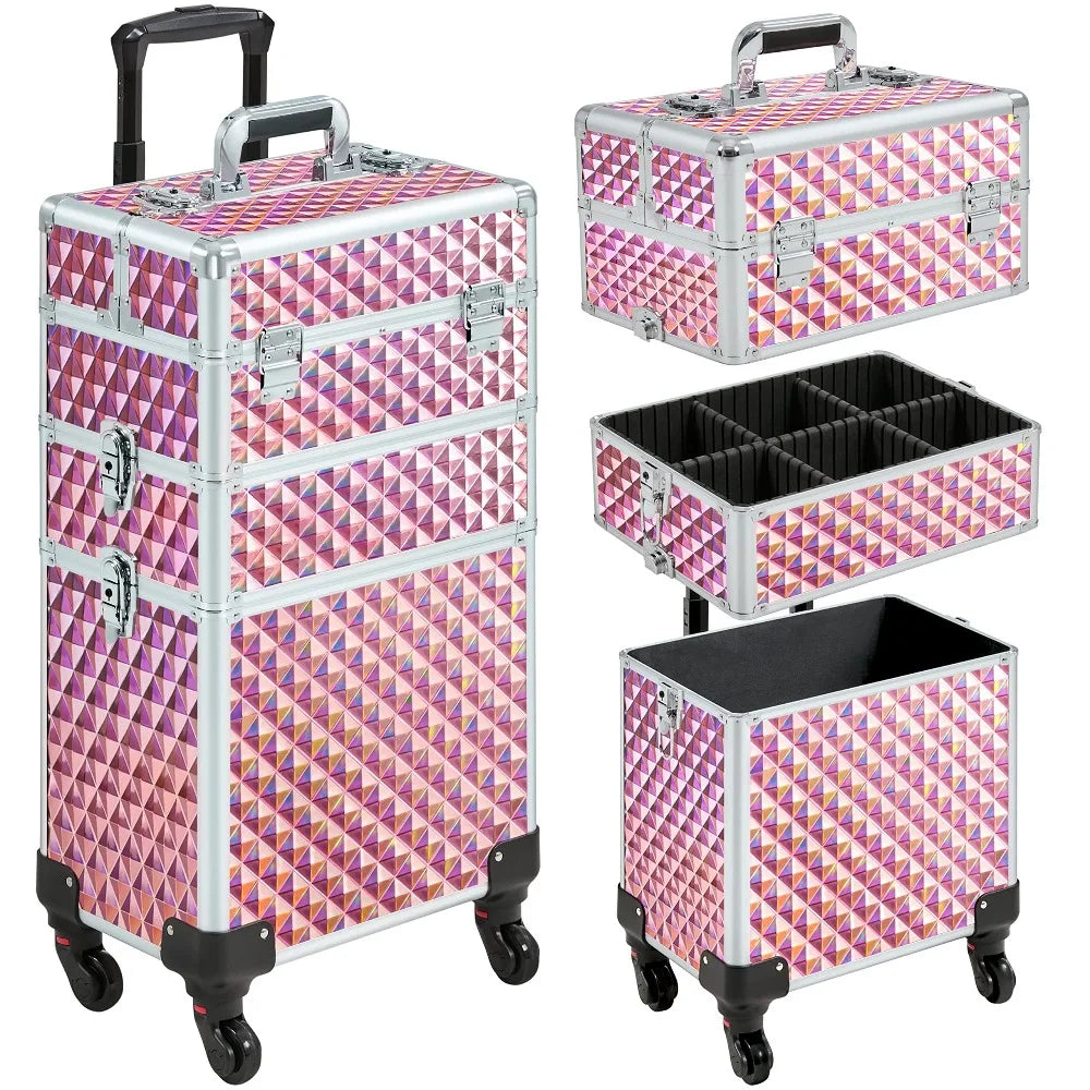 YTYIN 3 In 1 Rolling Makeup Train Case With Swivel Wheels