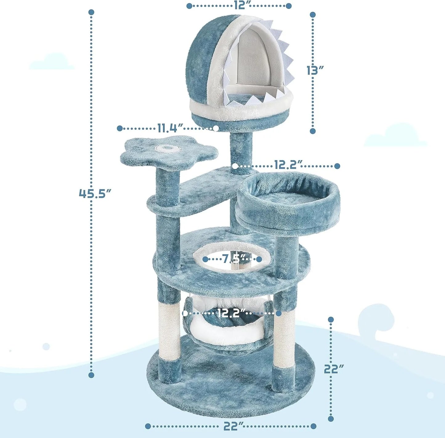 Ocean-Themed Cat Tree With Shark Mouth Nest And Sea Star Shapes