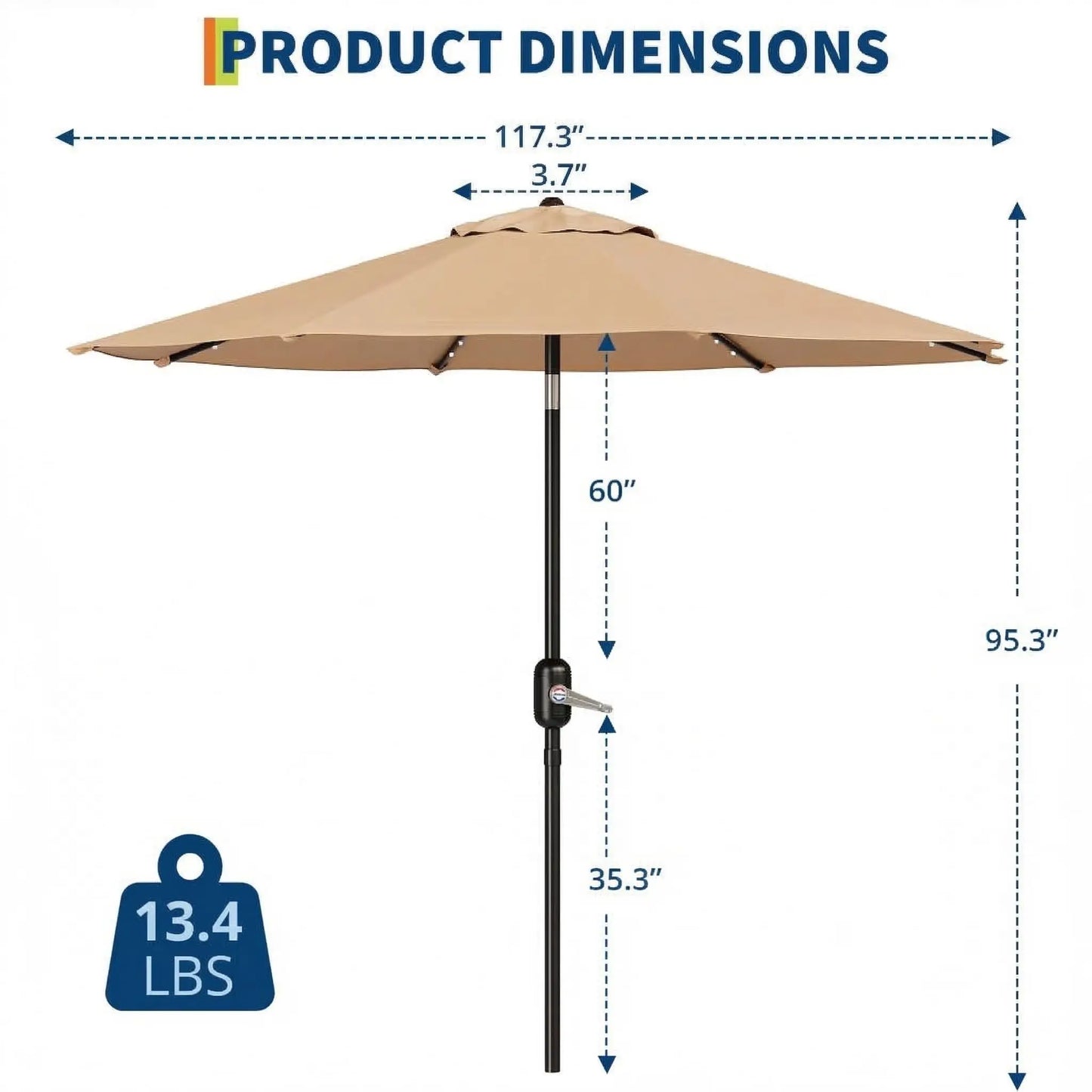 Solar LED Patio Umbrella With Push-Button Tilt And Crank Waterproof