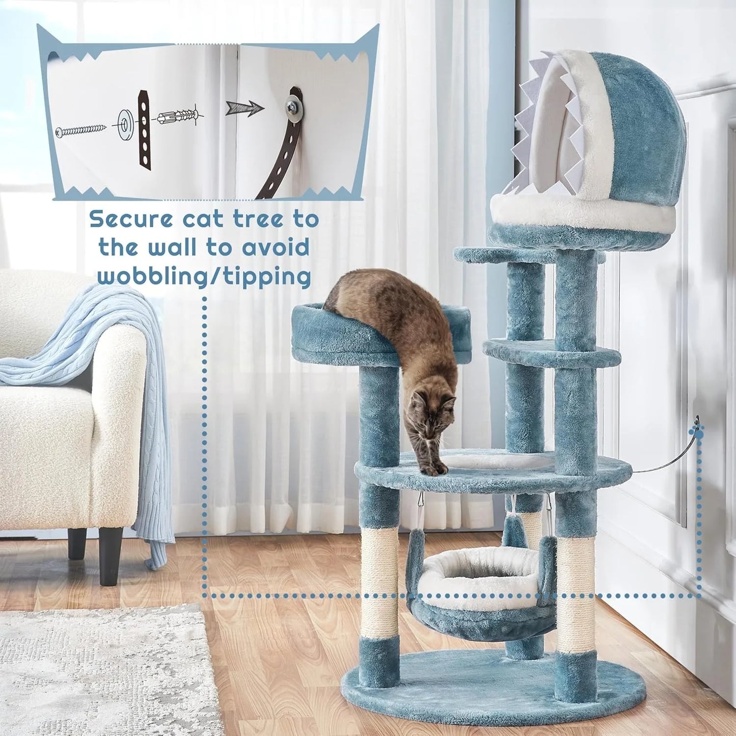 Ocean-Themed Cat Tree With Shark Mouth Nest And Sea Star Shapes