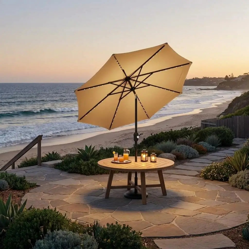 Solar LED Patio Umbrella With Push-Button Tilt And Crank Waterproof
