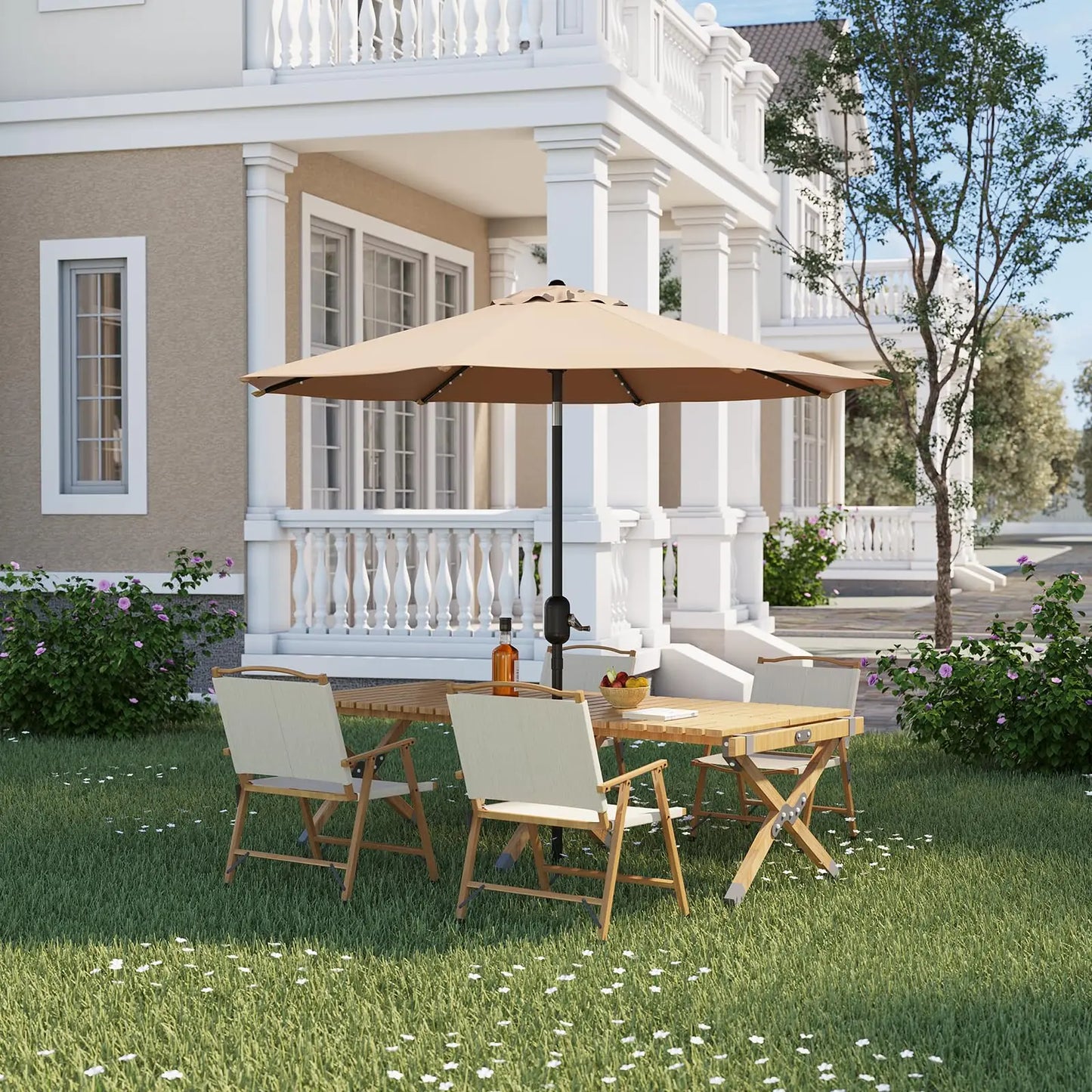 Solar LED Patio Umbrella With Push-Button Tilt And Crank Waterproof