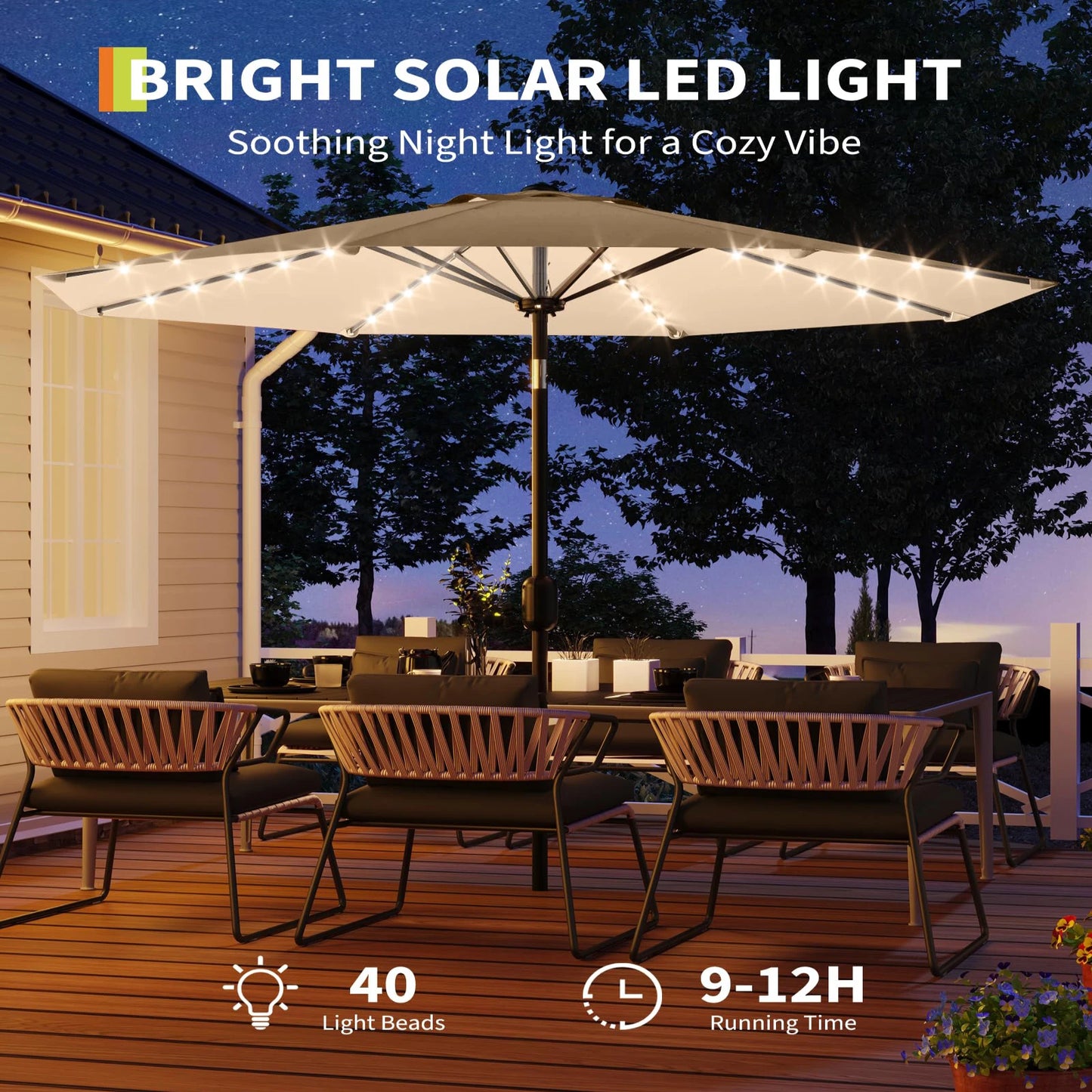 Solar LED Patio Umbrella With Push-Button Tilt And Crank Waterproof