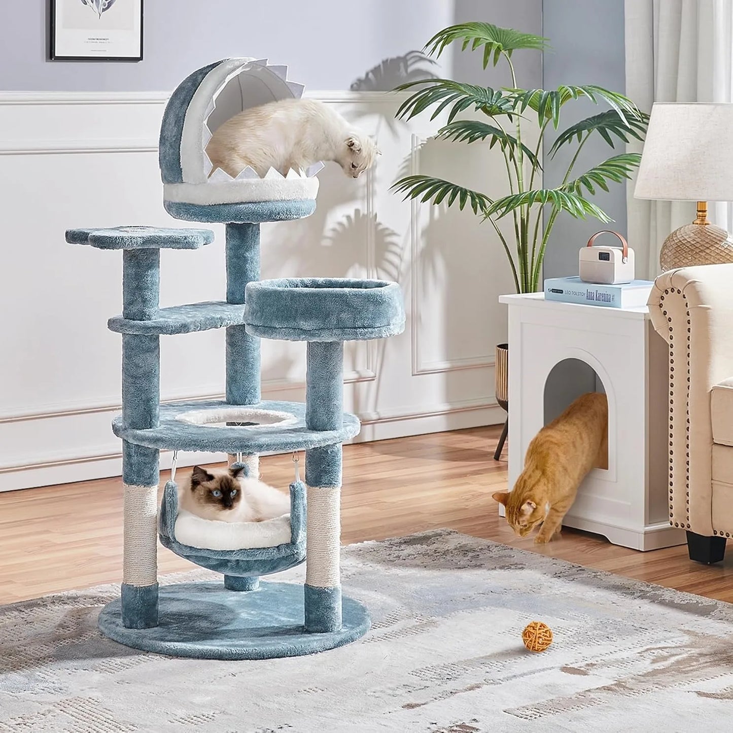 Ocean-Themed Cat Tree With Shark Mouth Nest And Sea Star Shapes