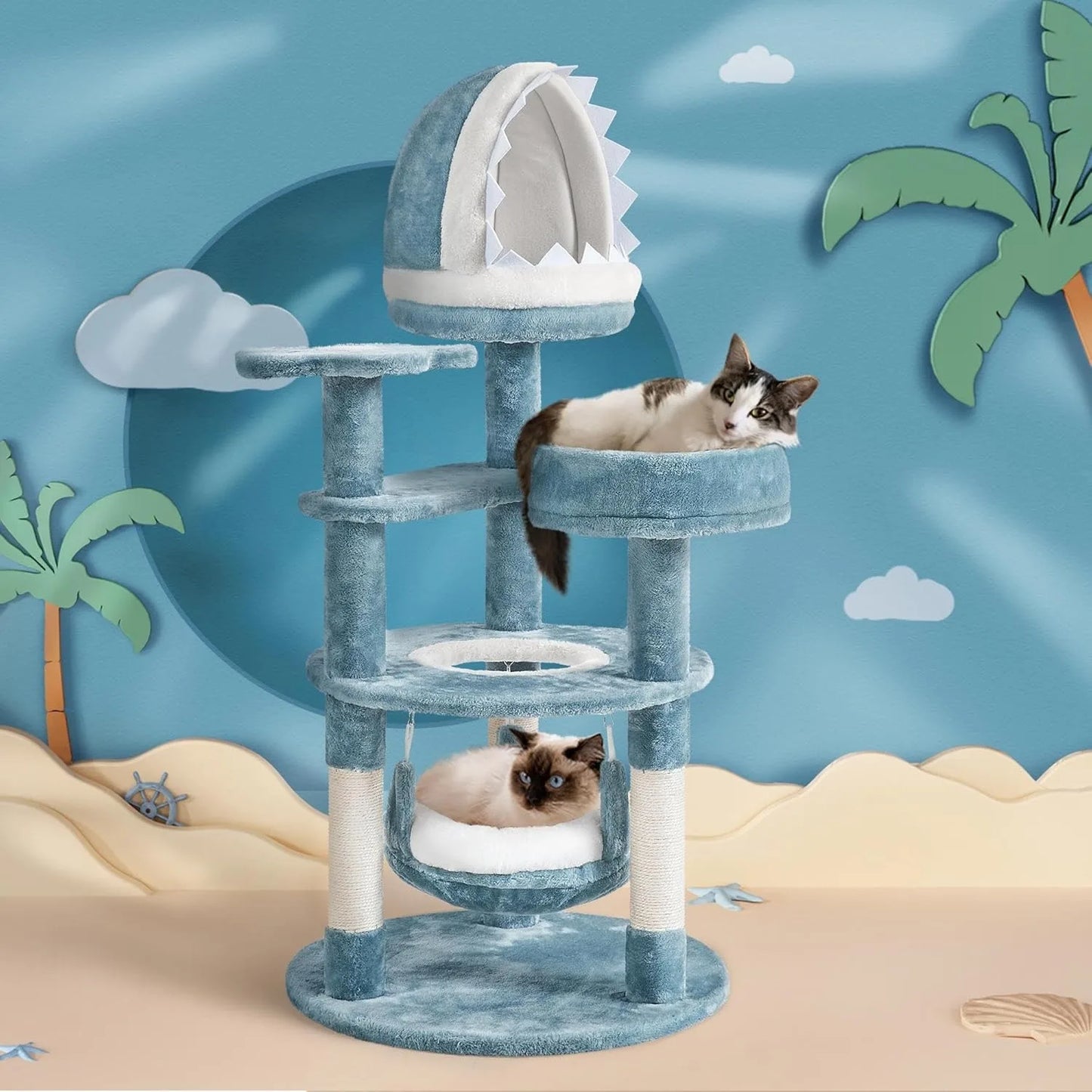 Ocean-Themed Cat Tree With Shark Mouth Nest And Sea Star Shapes