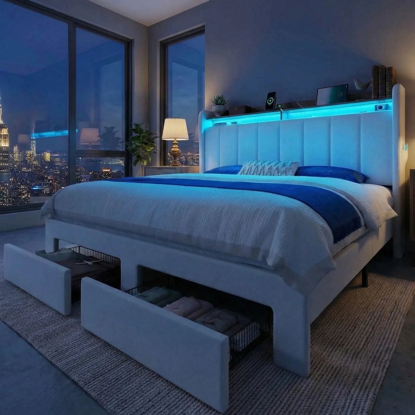 HOOMIC Bed Frame With LED Lights And Storage Drawers Charging