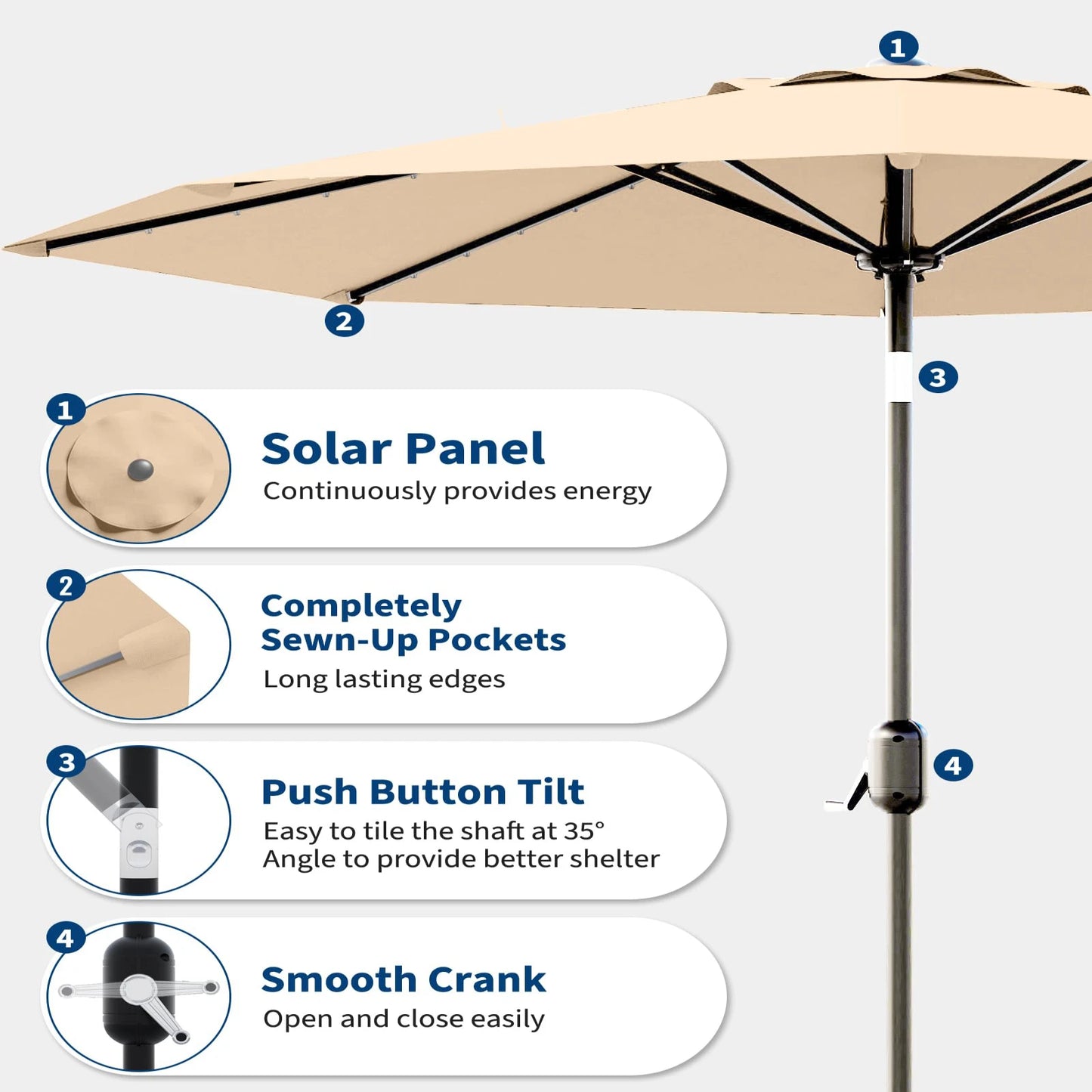 Solar LED Patio Umbrella With Push-Button Tilt And Crank Waterproof