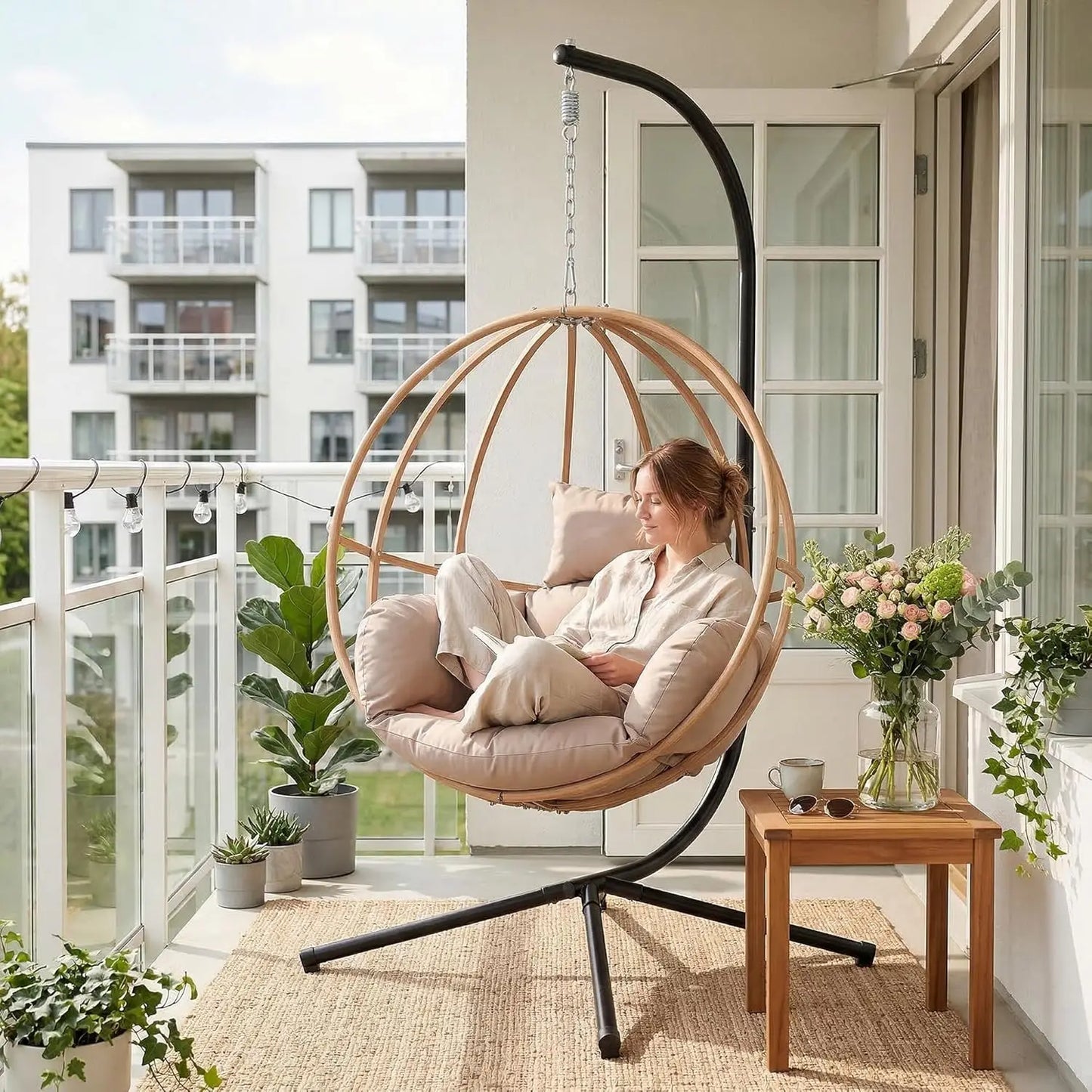 Double Egg Hanging Swing Chair With Stand Cushions Headrest