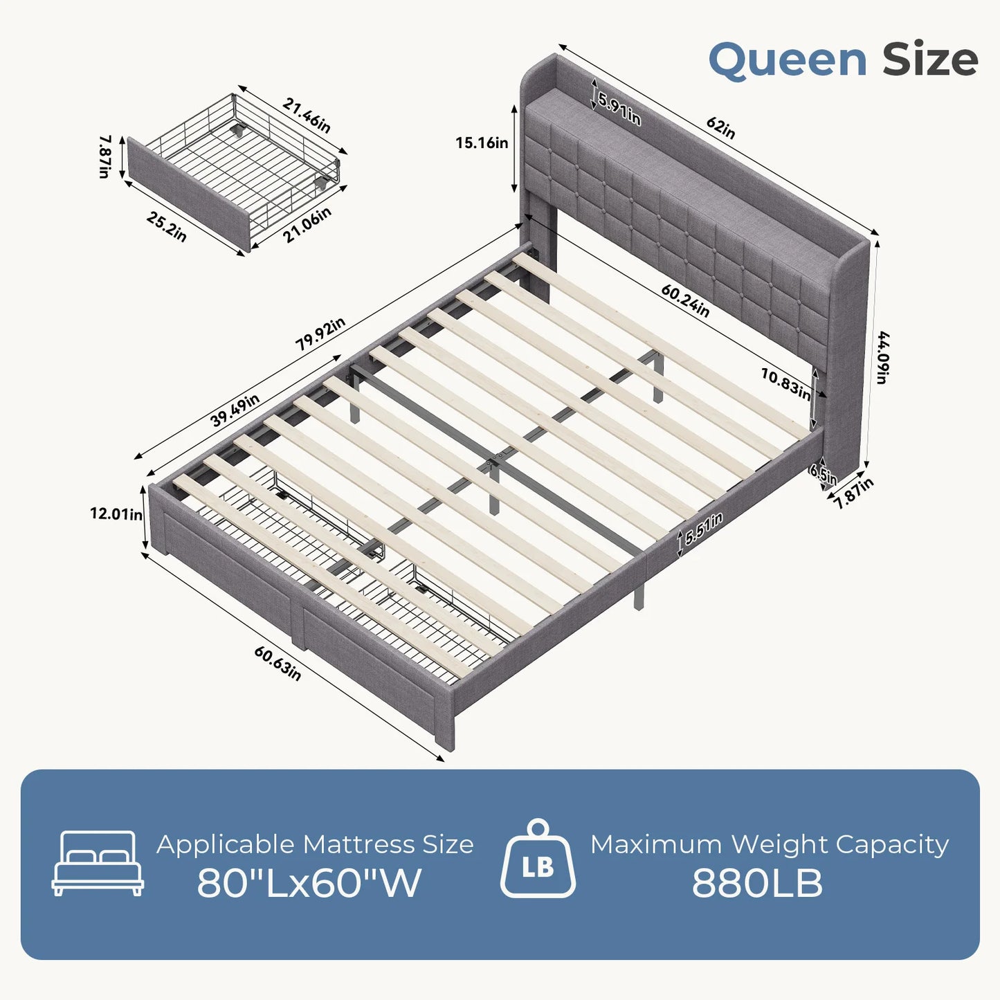 JHK Wood Bed Frame With Upholstered Headboard And Storage Drawers
