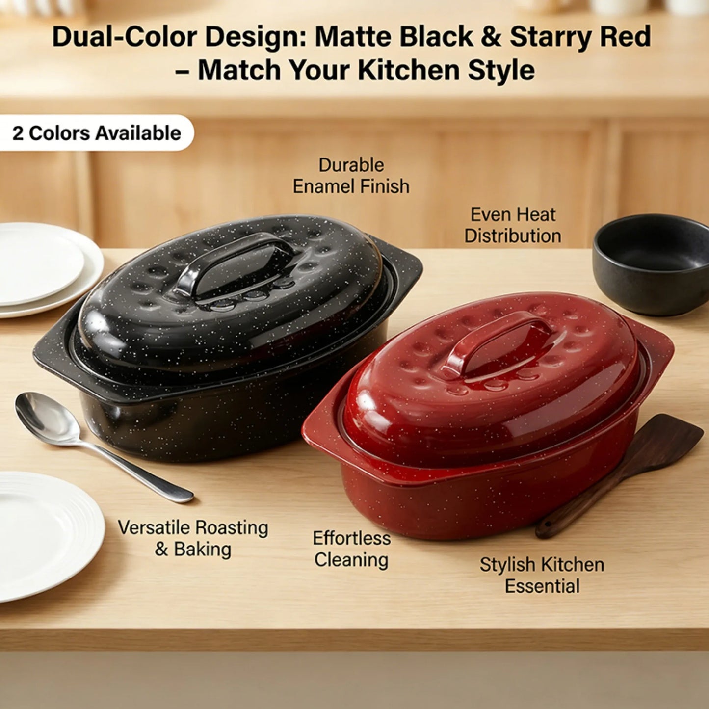 Enameled Oval Roaster With Lid, 7lb Poultry Capacity, Dishwasher Safe