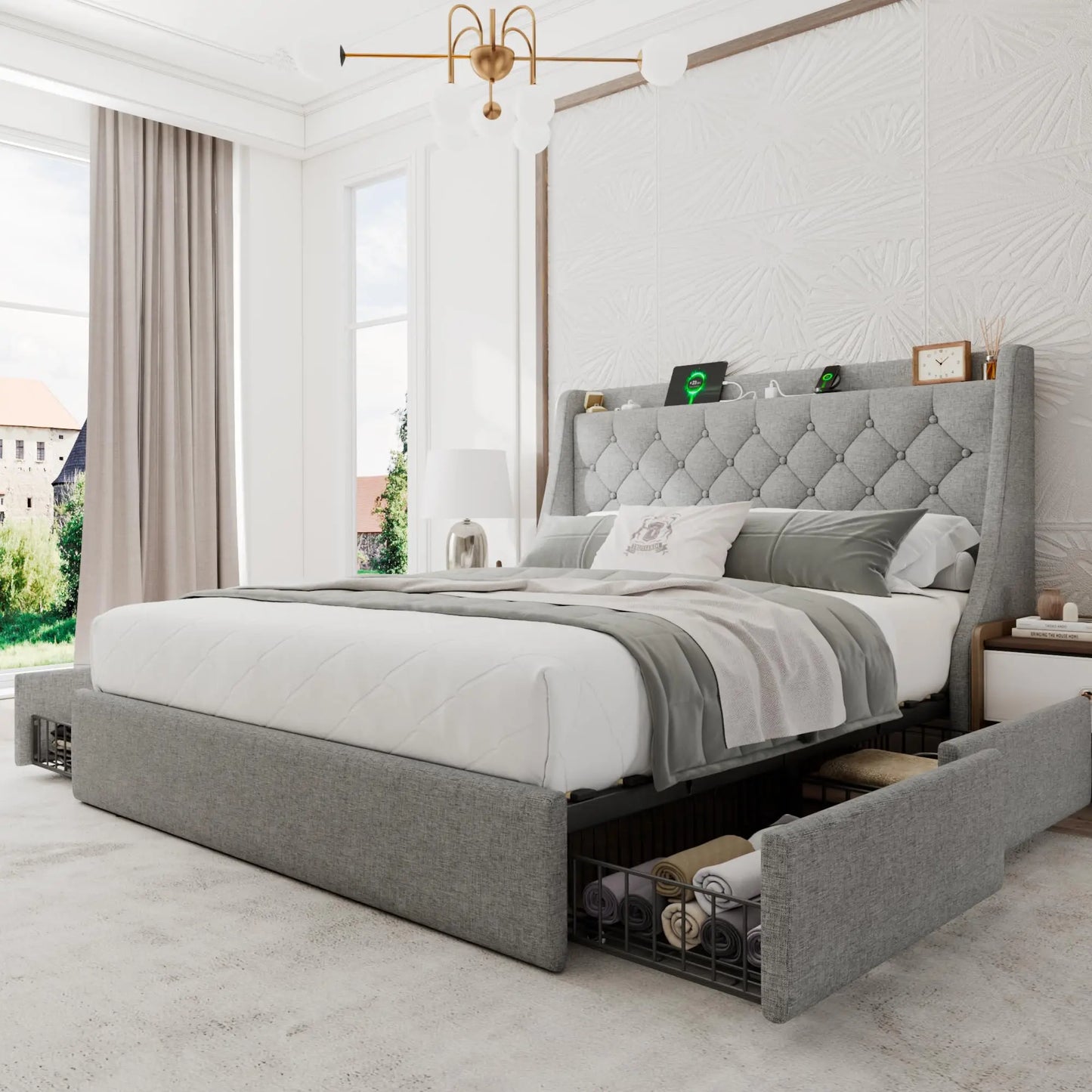 Upholstered Queen Platform Bed With Storage Drawers And Charging Station