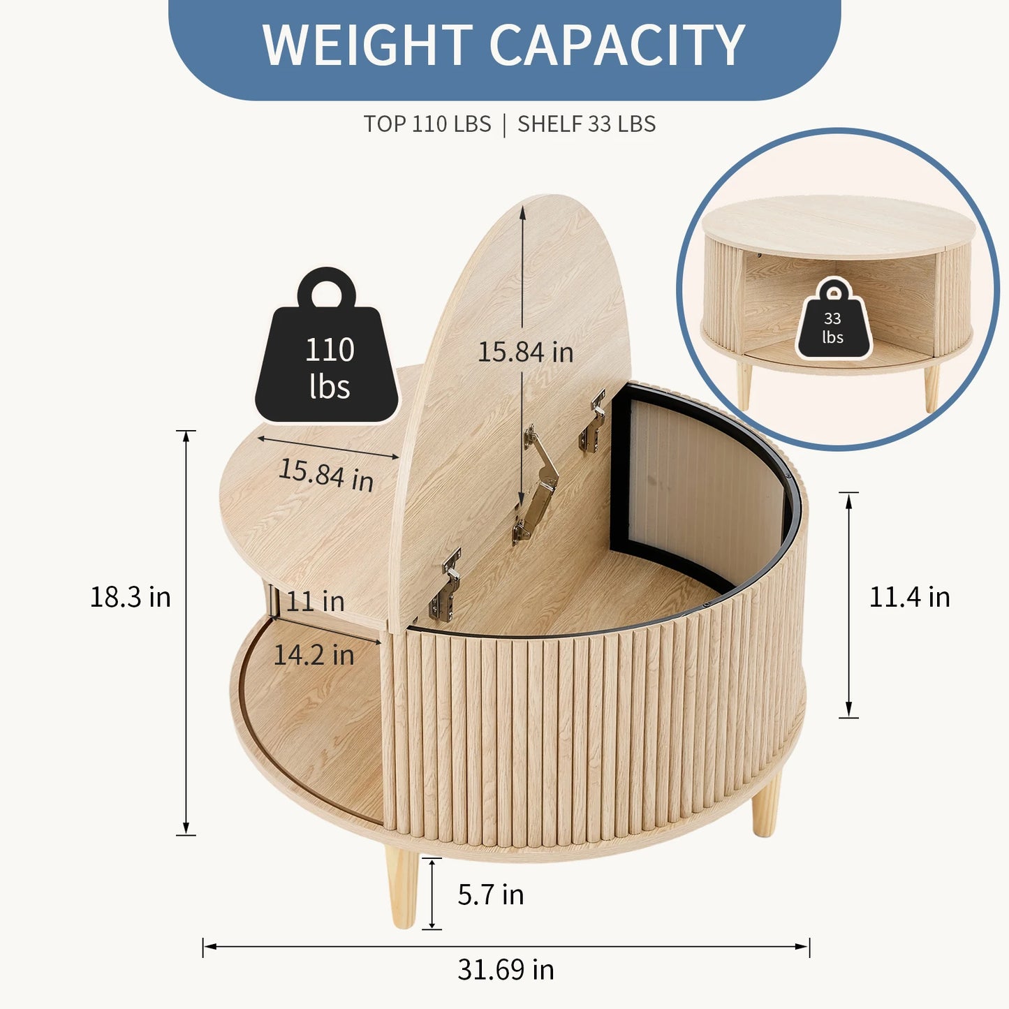 JHK Round Coffee Table With FlipTop Storage And Cabinet