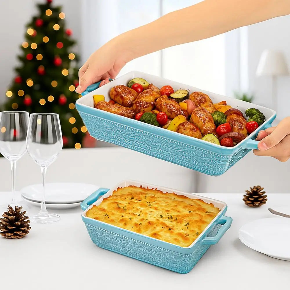 Ceramic Baking Dishes Set of 3, Rectangular Bakeware With Handles
