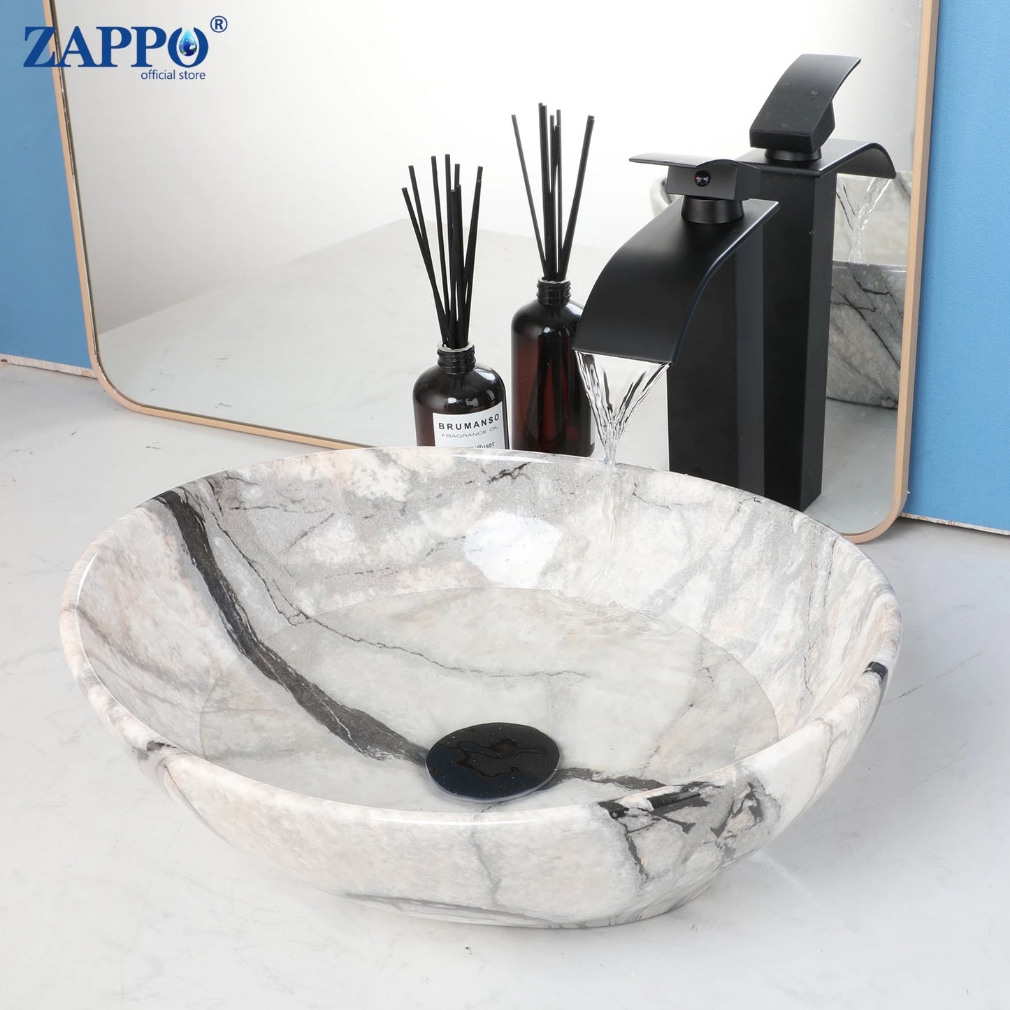 Mekkhal Ceramic Vessel Sink Set With Waterfall Faucet For Bathroom