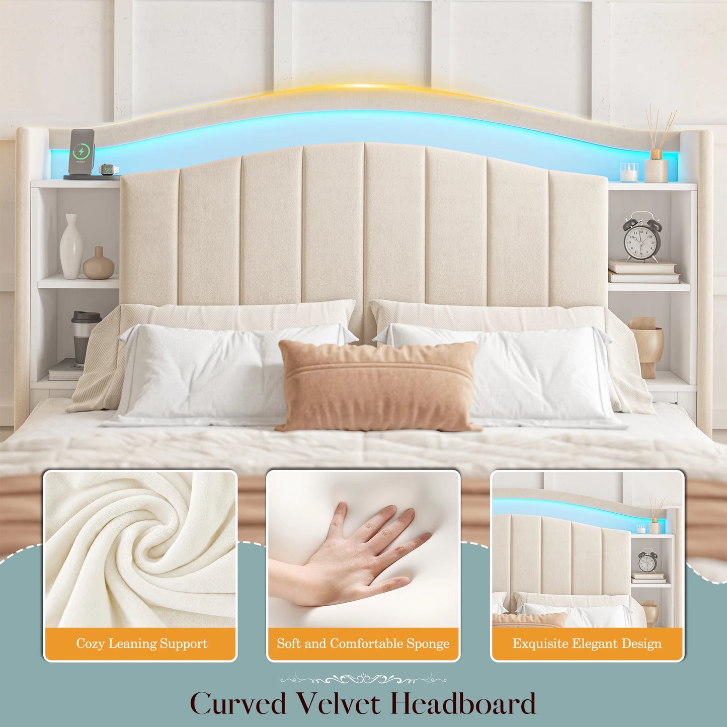 EnHomee Metal Bed Frame With Bookcase Headboard And Led Lighting