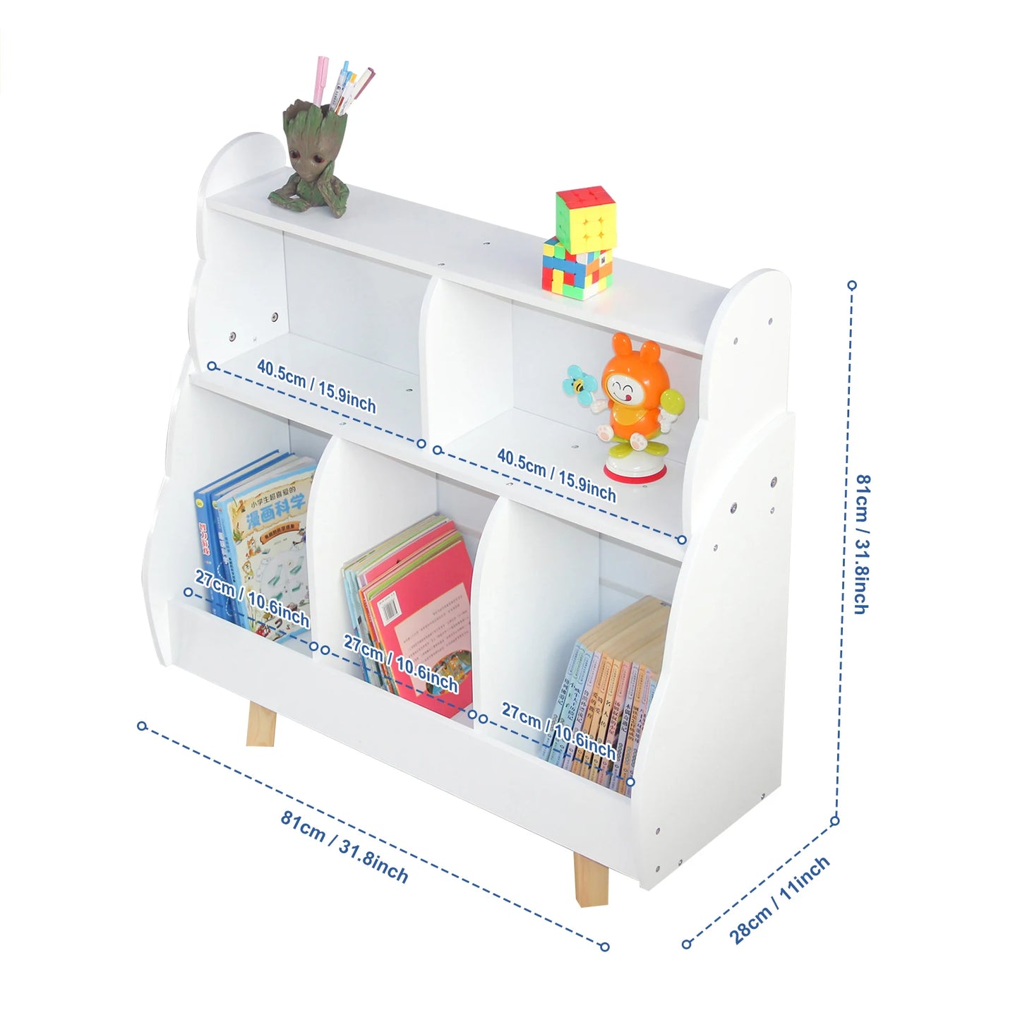 Wooden Kids Bookshelf With Five Storage Baskets For Nursery