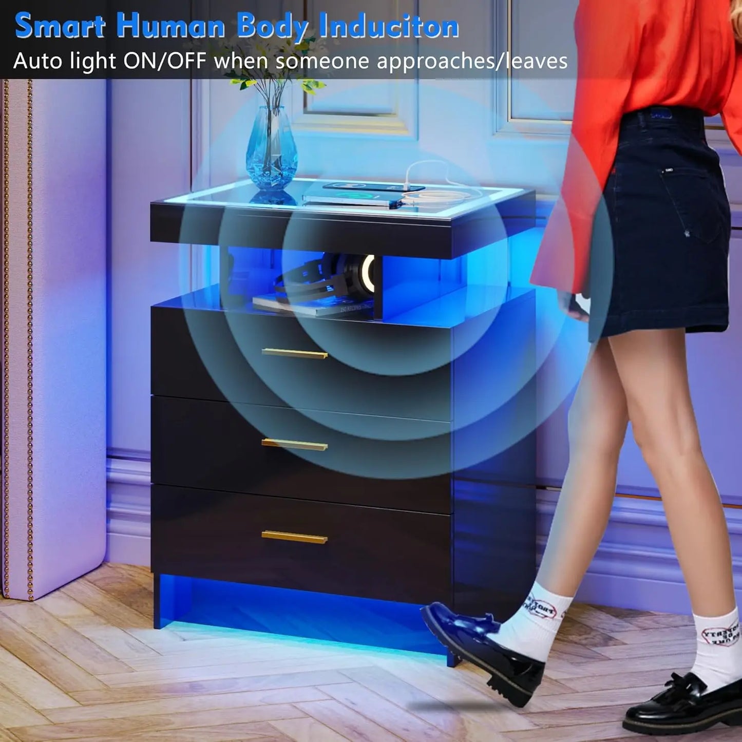 Wireless Charging Nightstand With Auto Sensor LED End Table