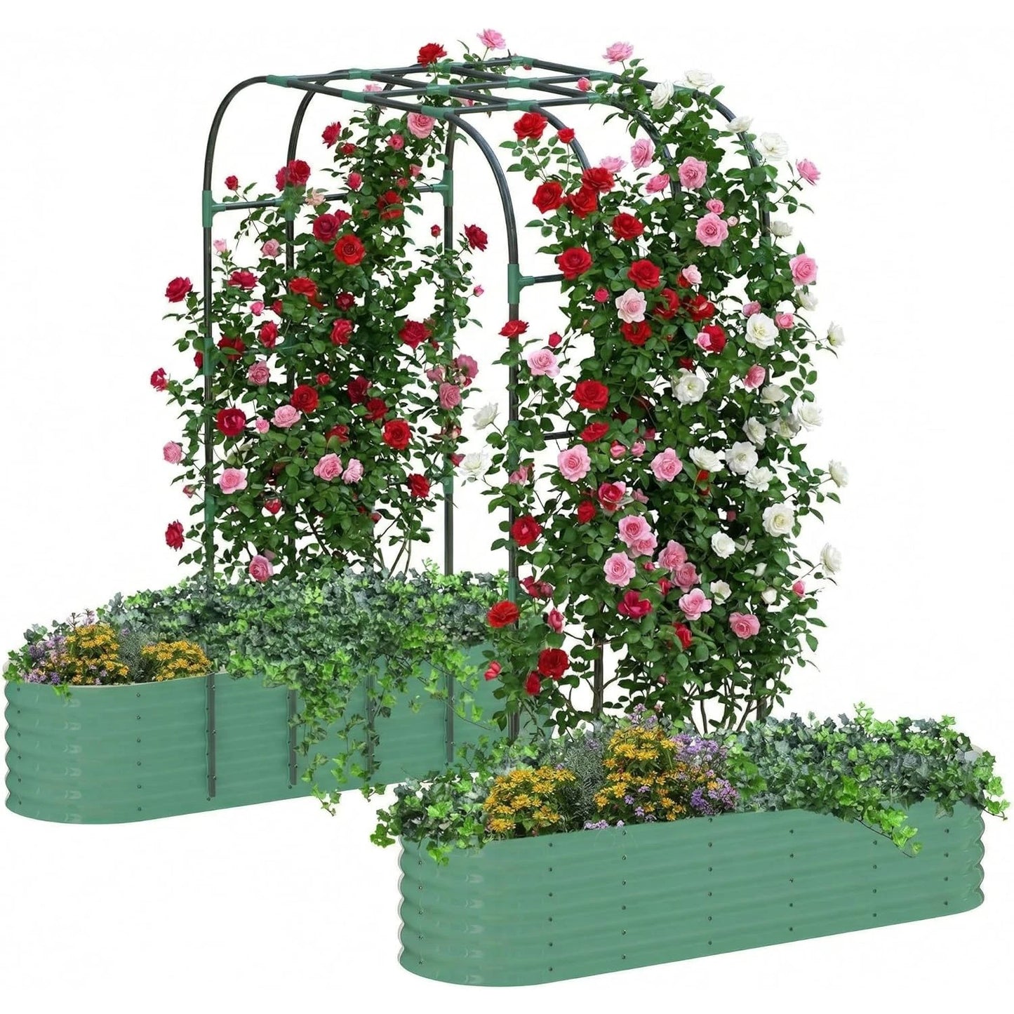 HiMiss Galvanized Steel Raised Garden Bed With Arch Trellis