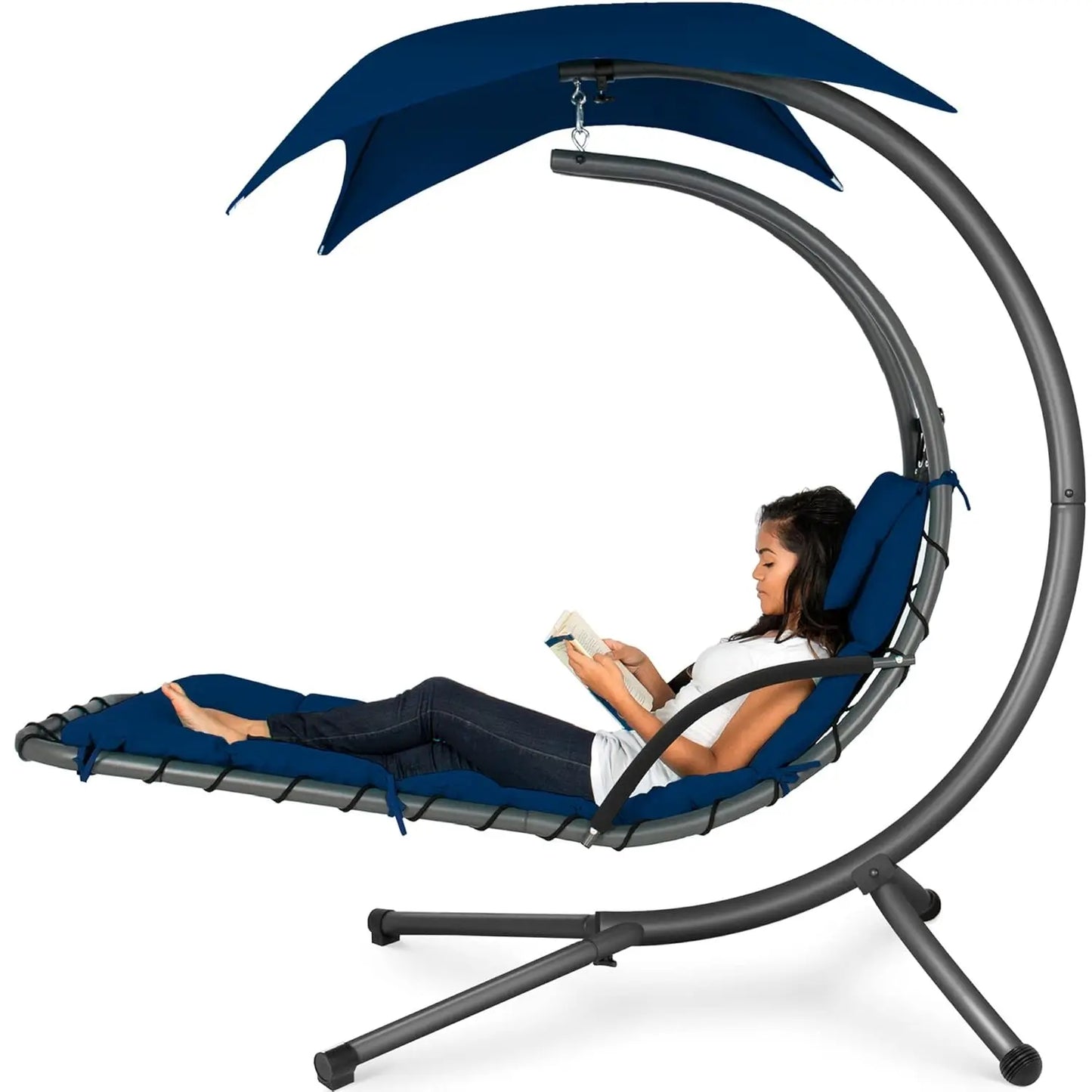 Curved Steel Outdoor Hanging Chaise Lounge Removable Canopy Pillow