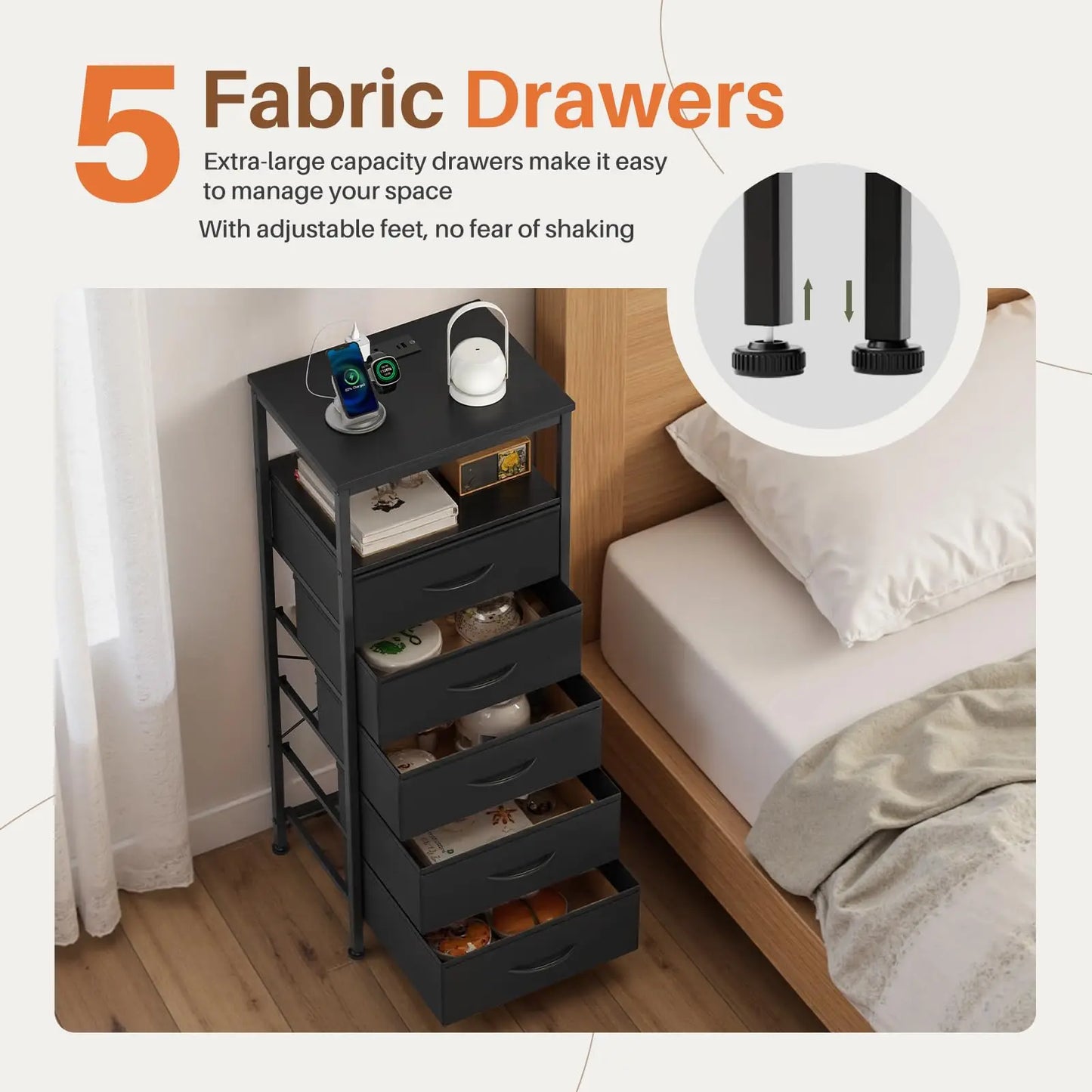 JHK 5 Fabric Drawers Dresser With Charging Station And Outlets