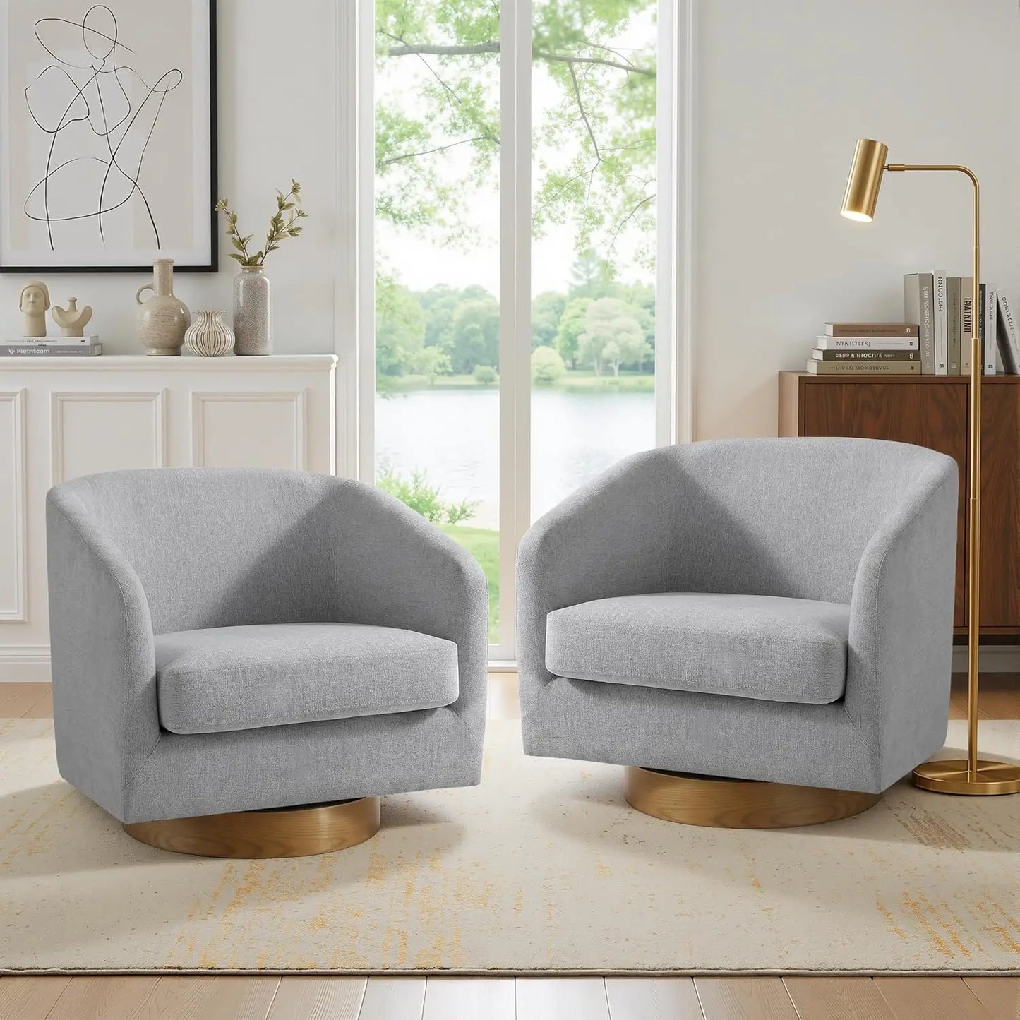 Swivel Accent Chair Set Of 2 Fabric Upholstered Barrel Armchairs