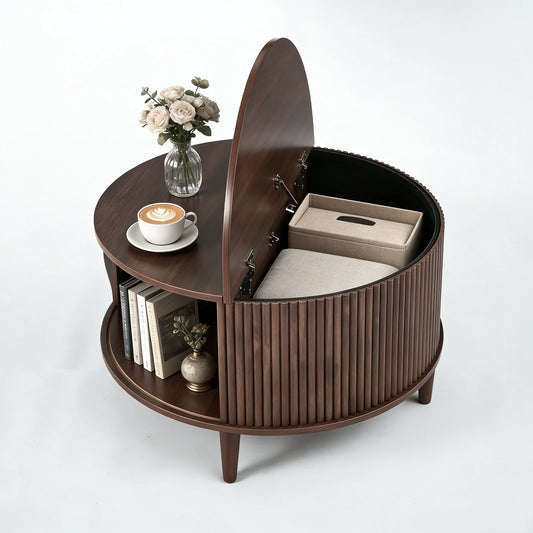 JHK Round Coffee Table With FlipTop Storage And Cabinet