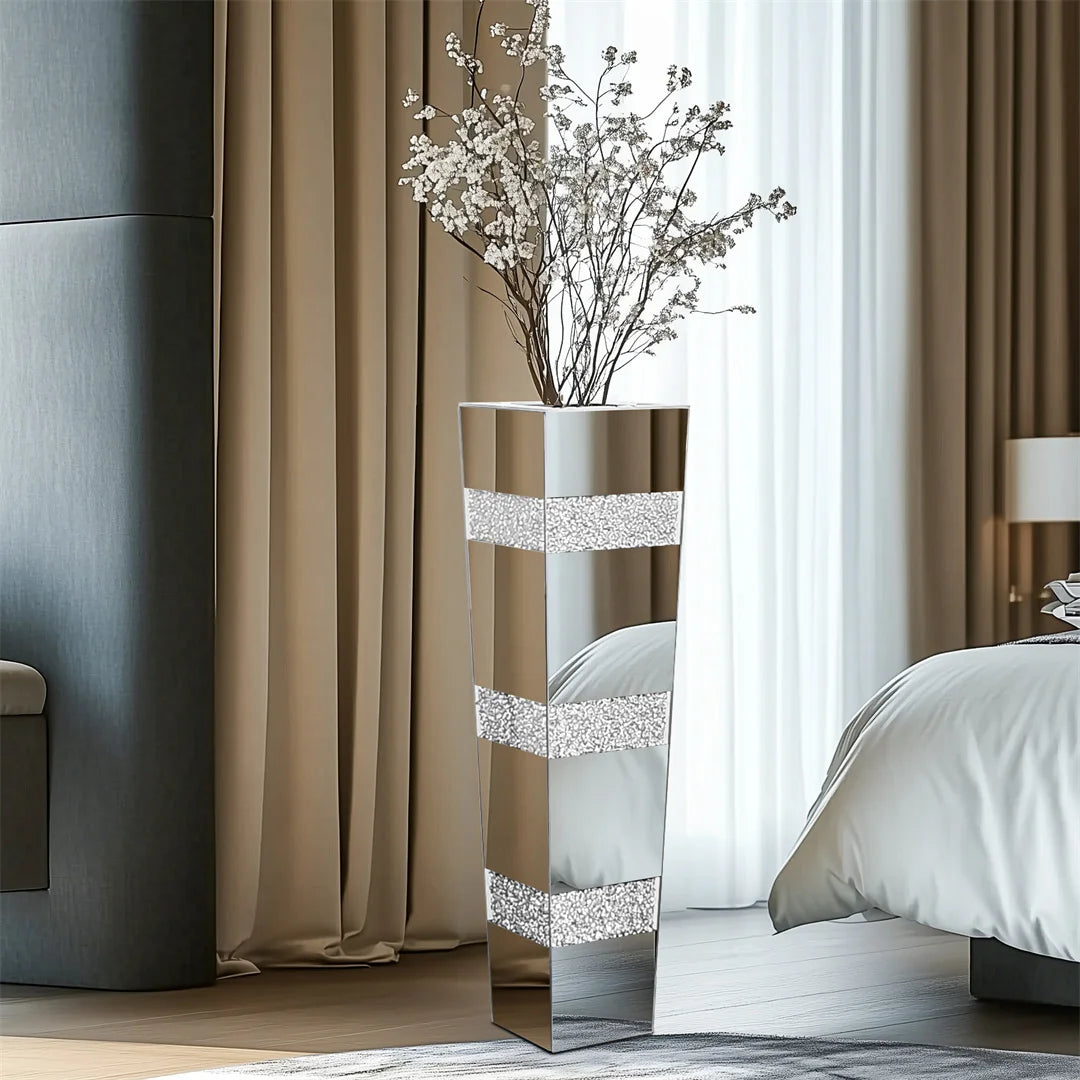 Modern Floor Vase With Crystal Accents And Mirrored Stand
