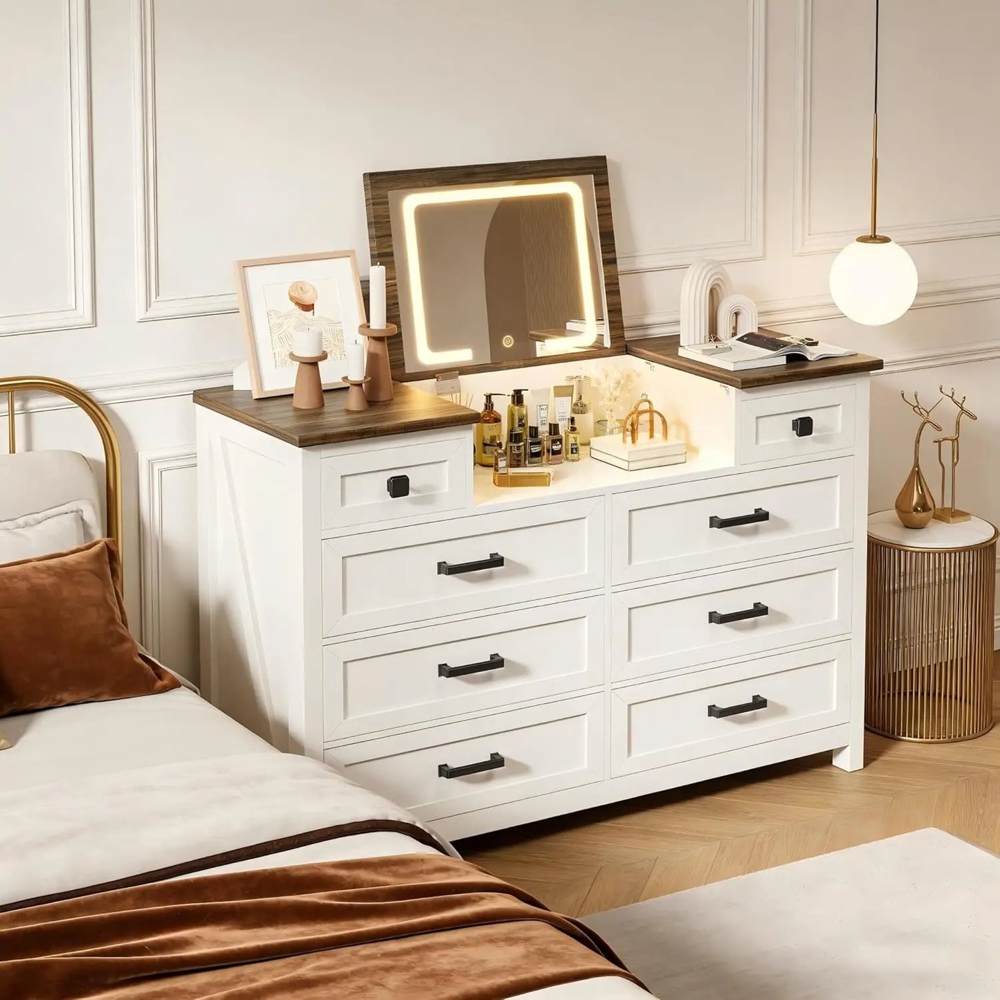 Farmho Dresser With Mirror And LED Vanity, 8 Drawer Wood Chest