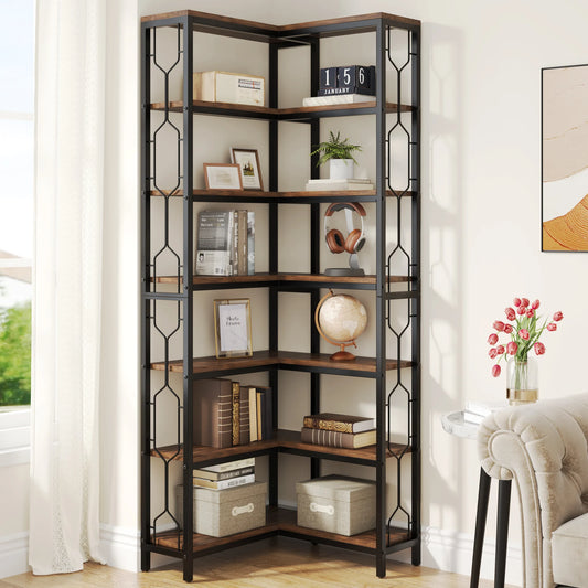 Tribesigns Seven Tier Industrial Corner Wooden Bookshelf